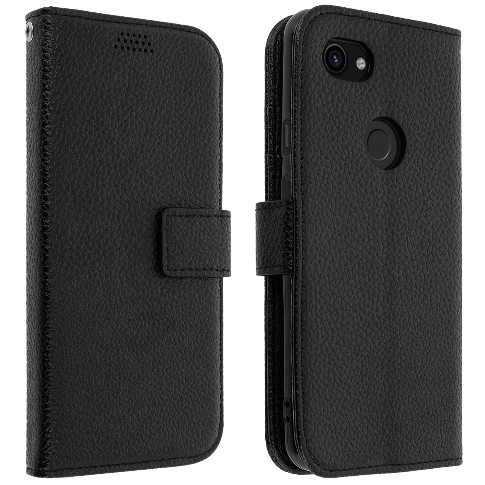 Custodia per telefono in pelle nera, aperta. L'interno rivela il telefono e una chiusura magnetica.