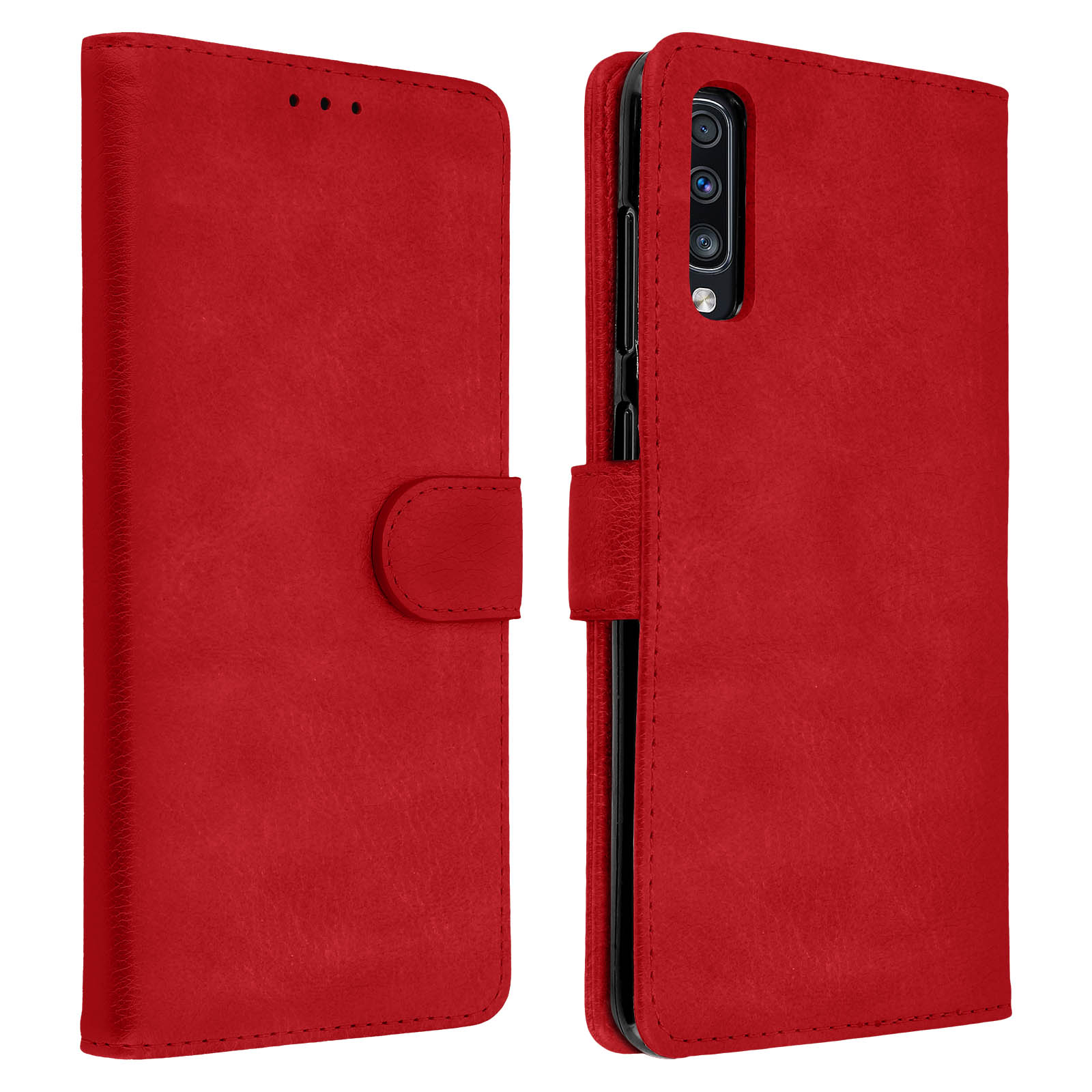 Rode leren telefoonhoes, open om de telefoon binnenin te laten zien. Het heeft een magnetische sluiting.