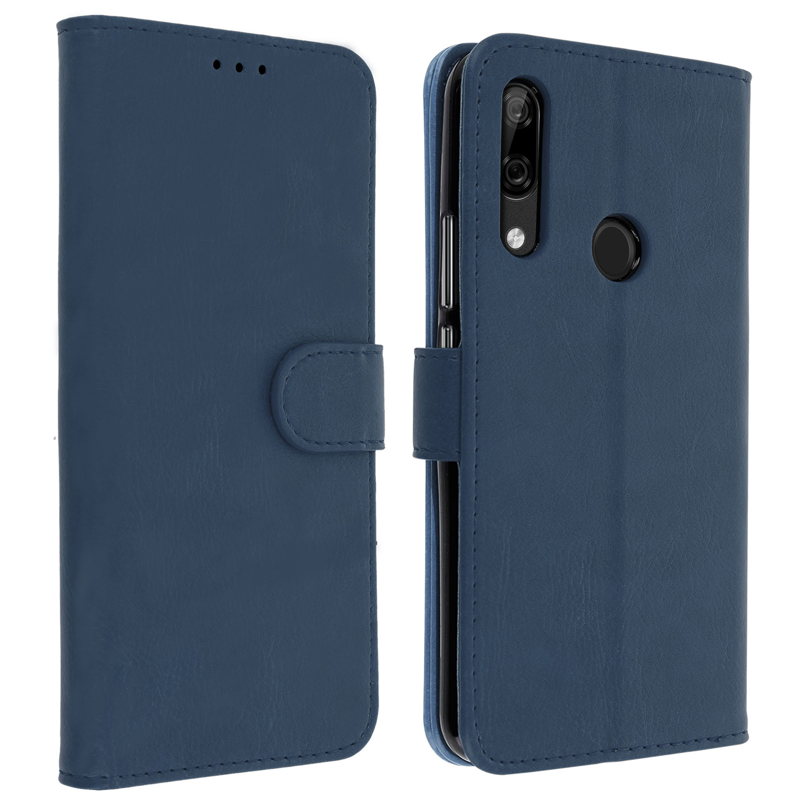 Coque bleu marine, ouverte, avec téléphone dedans.