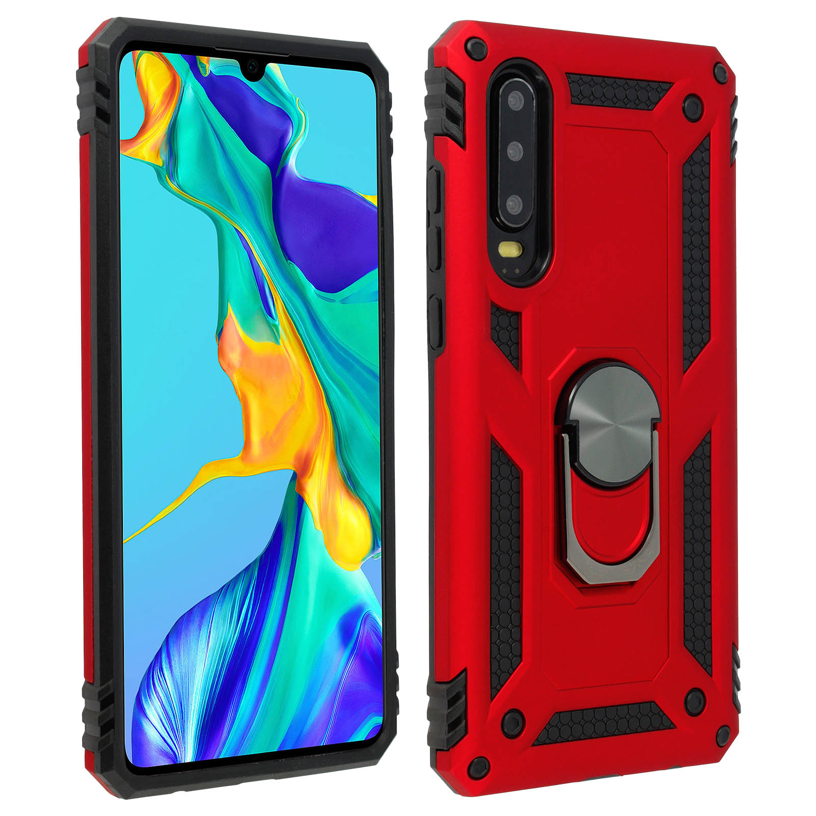 Coque de téléphone rouge avec accents noirs. Deux côtés montrés. Support anneau à l'arrière.