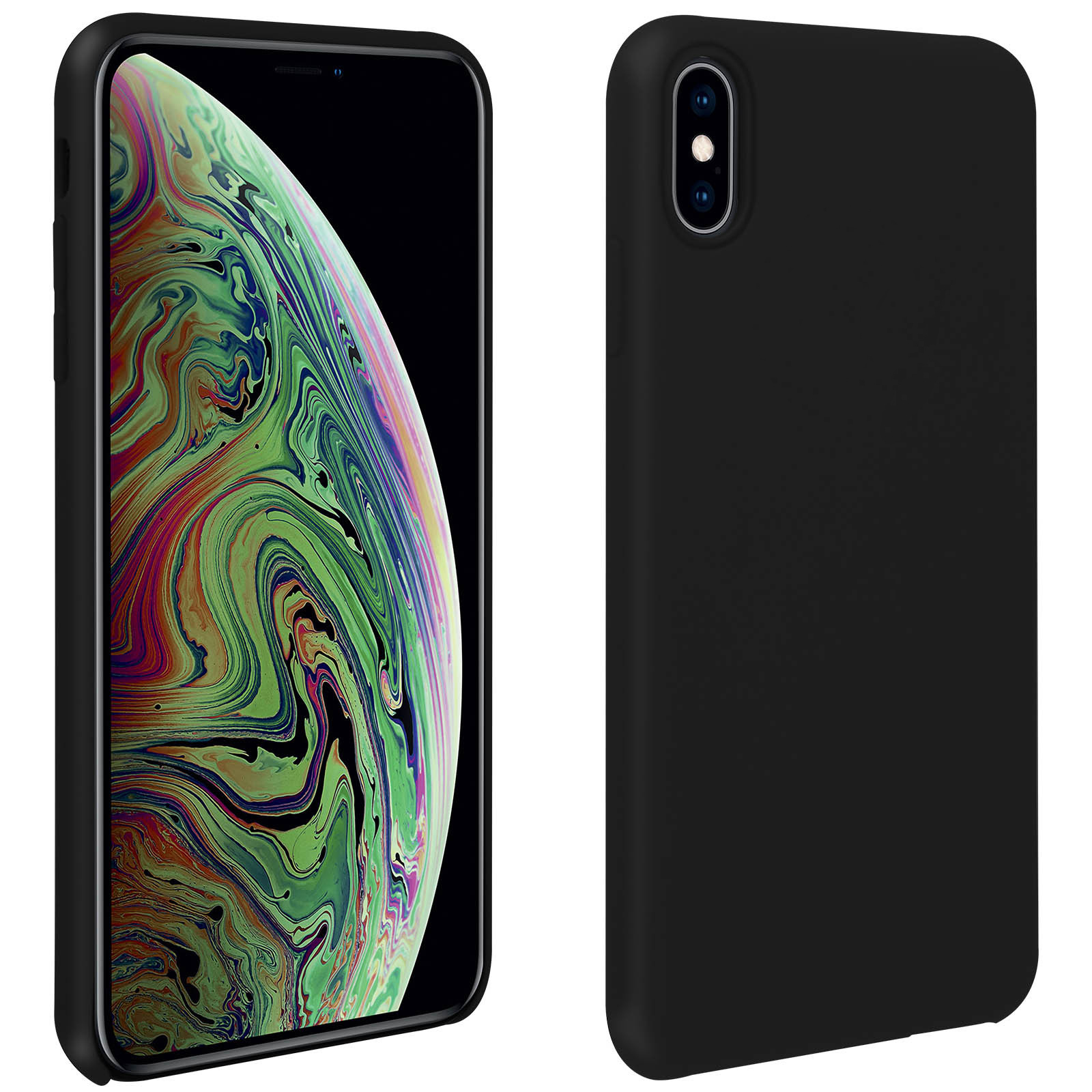 Telefono nero con schermo che mostra un vortice colorato. Il retro è nero e ha una fotocamera.