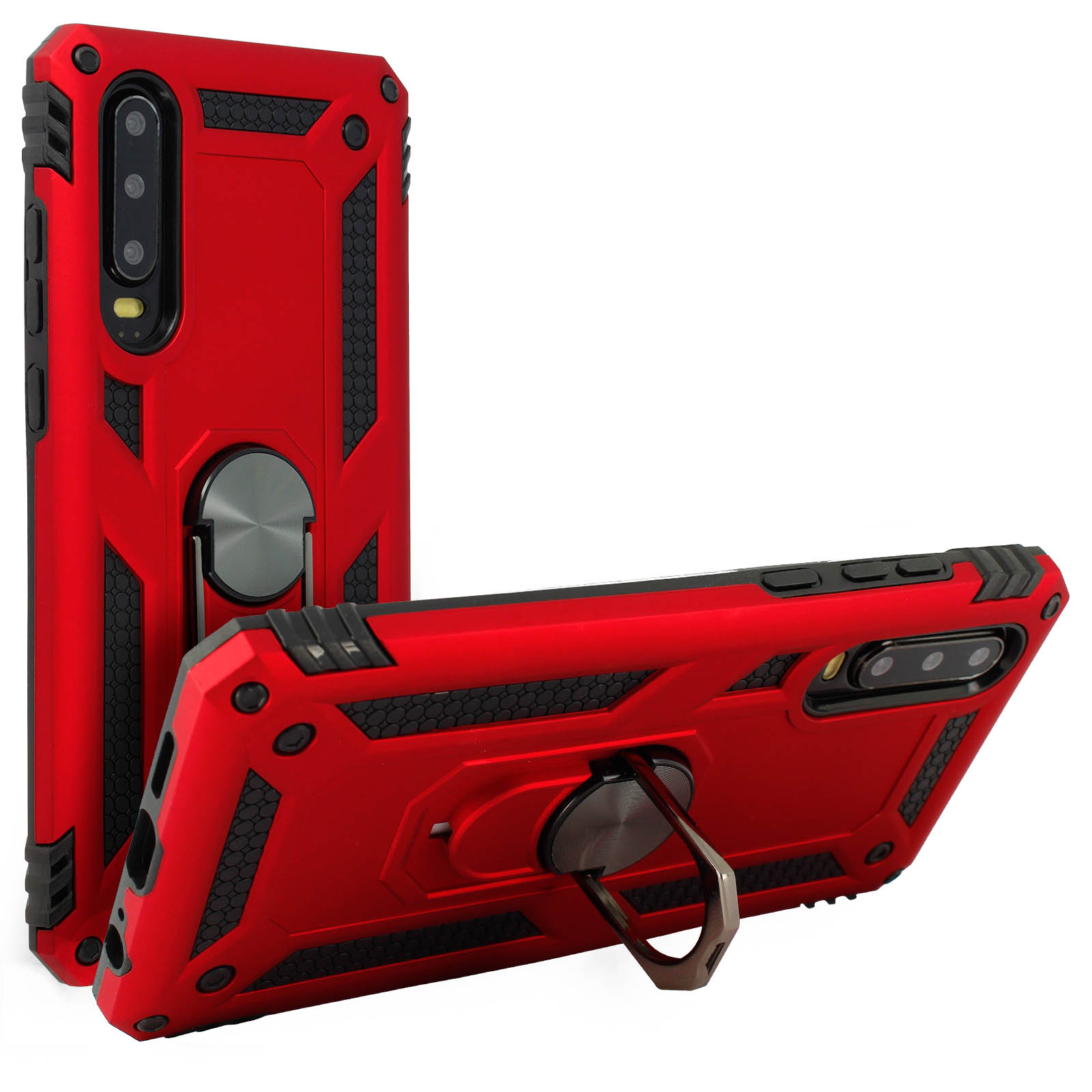 Rode telefoonhoesjes. Twee hoesjes staan, één ligt. Ze hebben een ring en een robuust ontwerp.