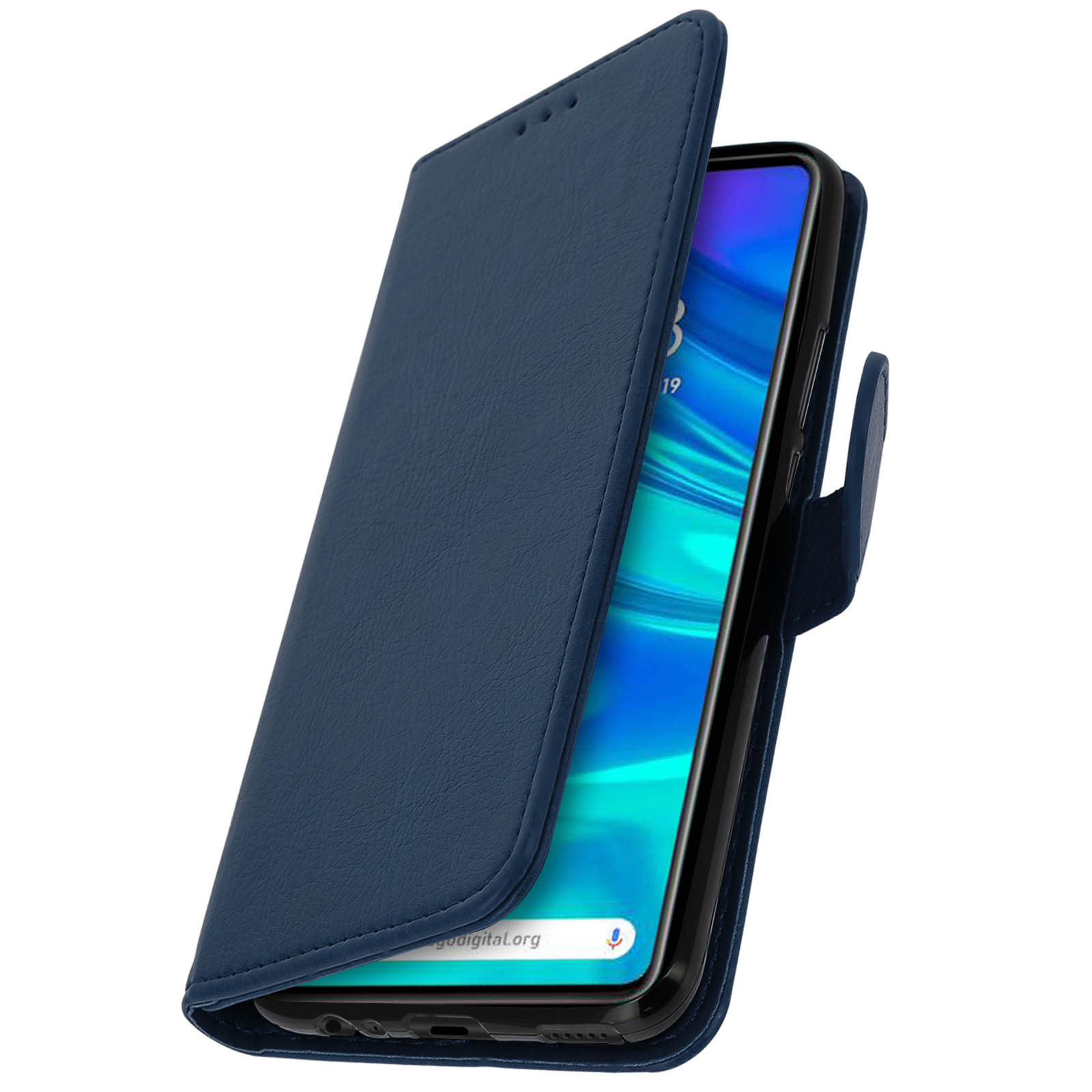 Étui de téléphone en cuir bleu ouvert, affichant l'écran du téléphone.