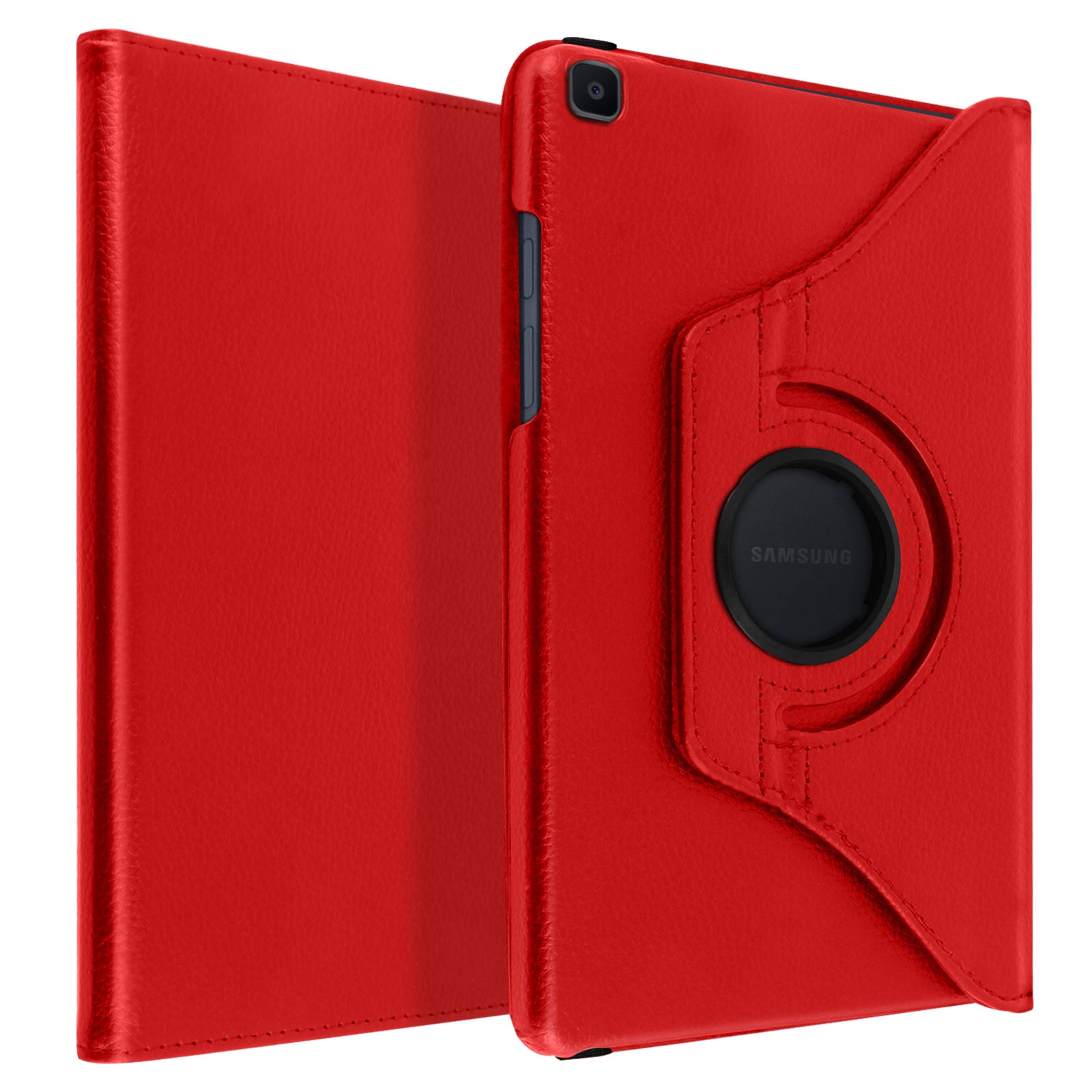 Custodia per tablet rossa, aperta, mostra lo schermo. Supporto nero.