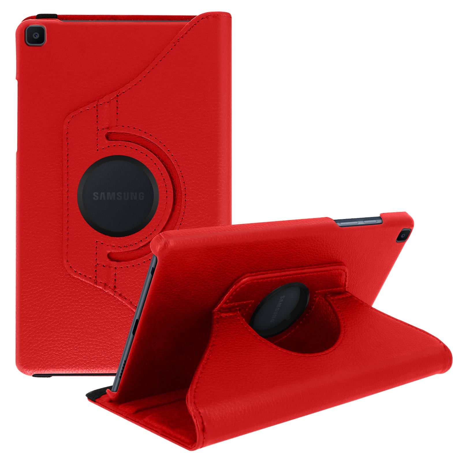 Custodia per tablet rossa con supporto. La custodia è rossa. È aperta, mostrando un tablet all'interno. Logo cerchio nero.