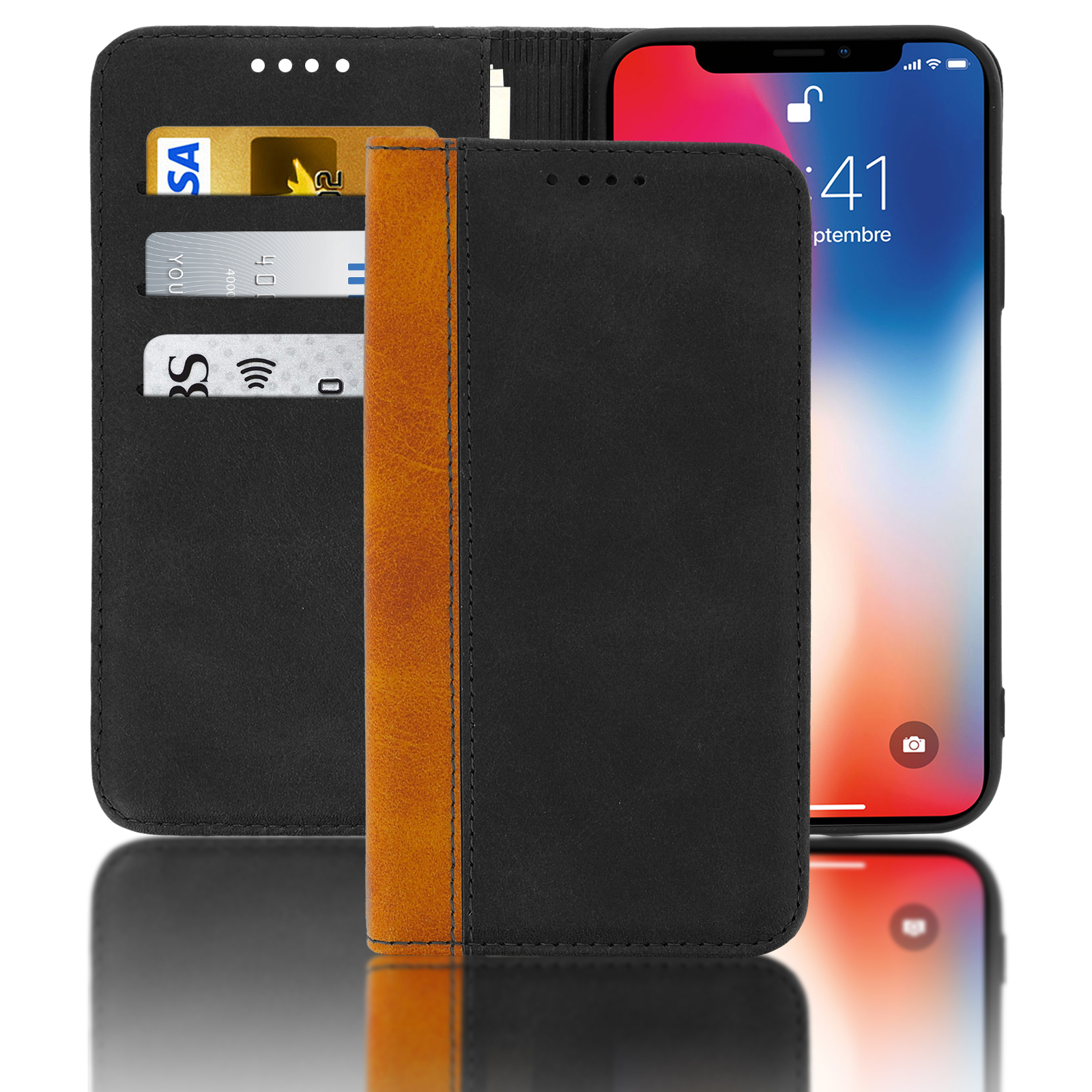 Custodia per telefono nera e marrone con un telefono all'interno. Ci sono fessure per carte e un telefono sul lato destro.