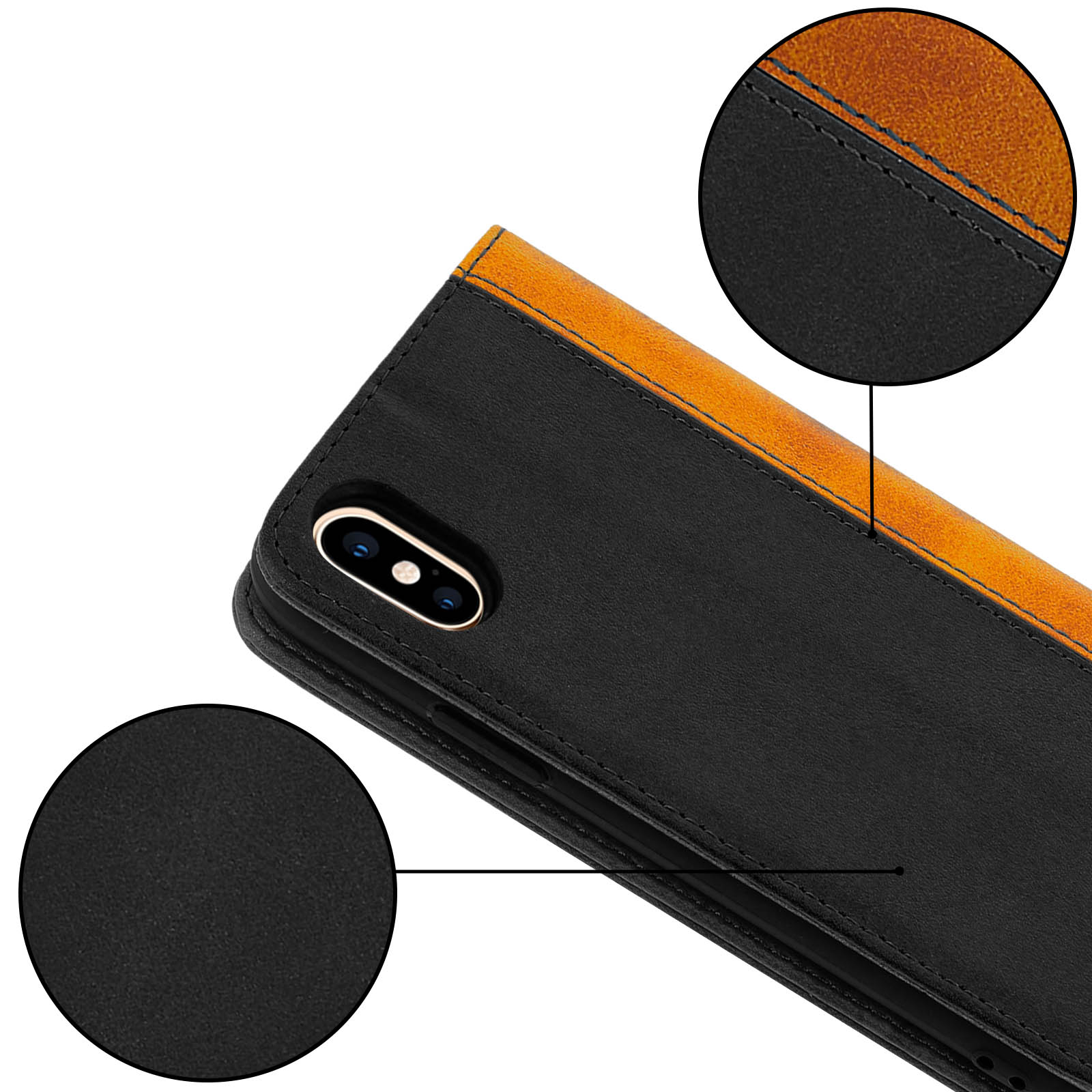 Custodia per telefono con coperchio aperto. Pelle marrone e nera. Vista da vicino.