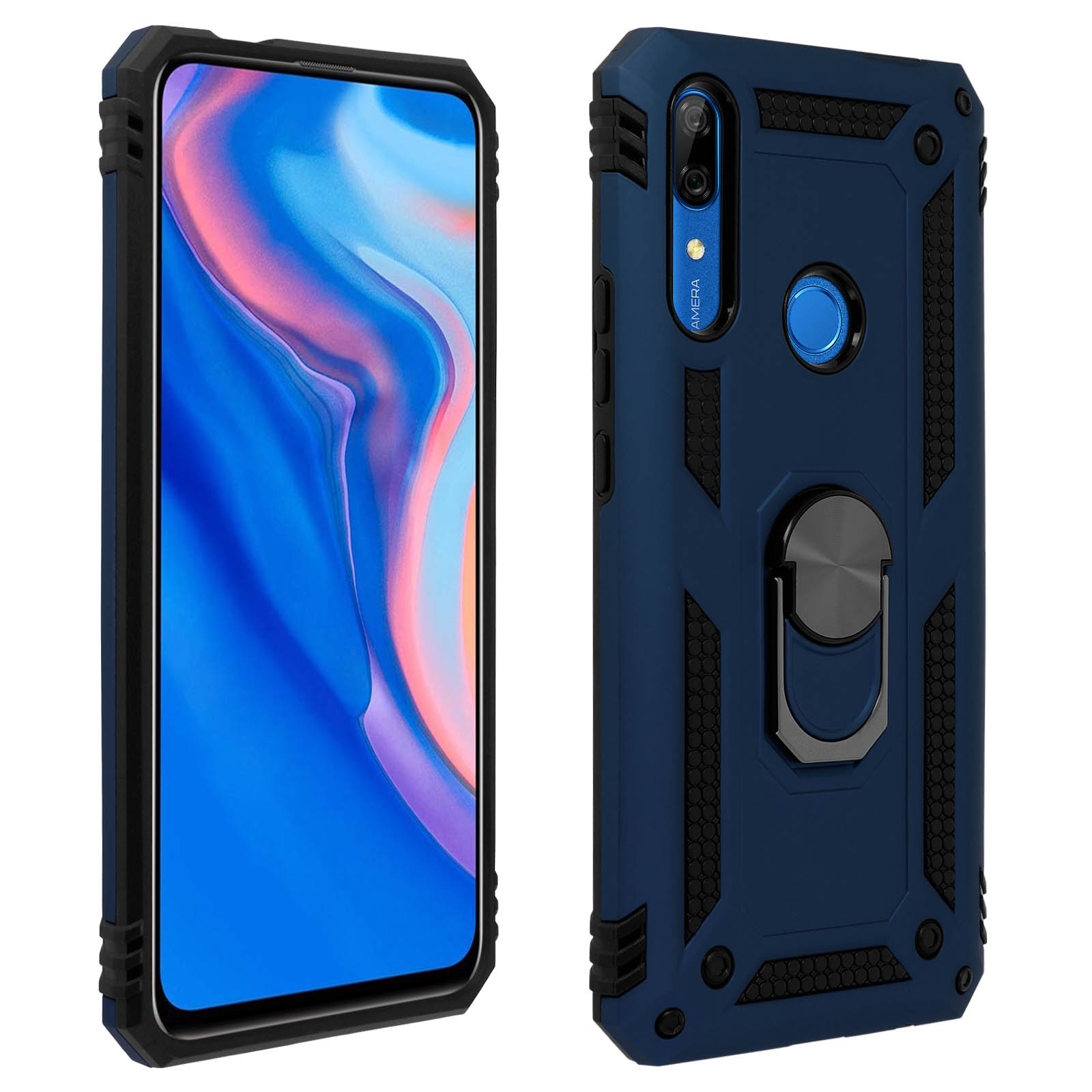 Blauwe telefoonhoes met ringhouder, zwarte getextureerde zijkanten.