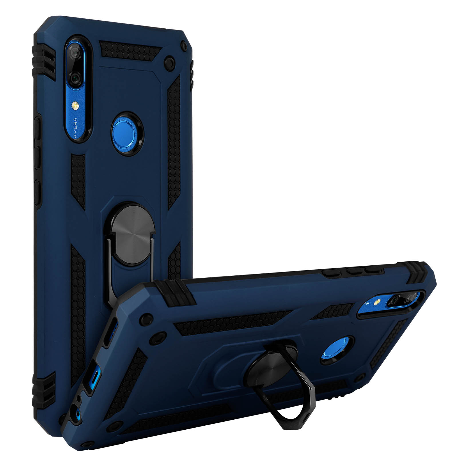 Twee blauwe telefoonhoesjes worden getoond, die hun ontwerp laten zien, één met een ringhouder.