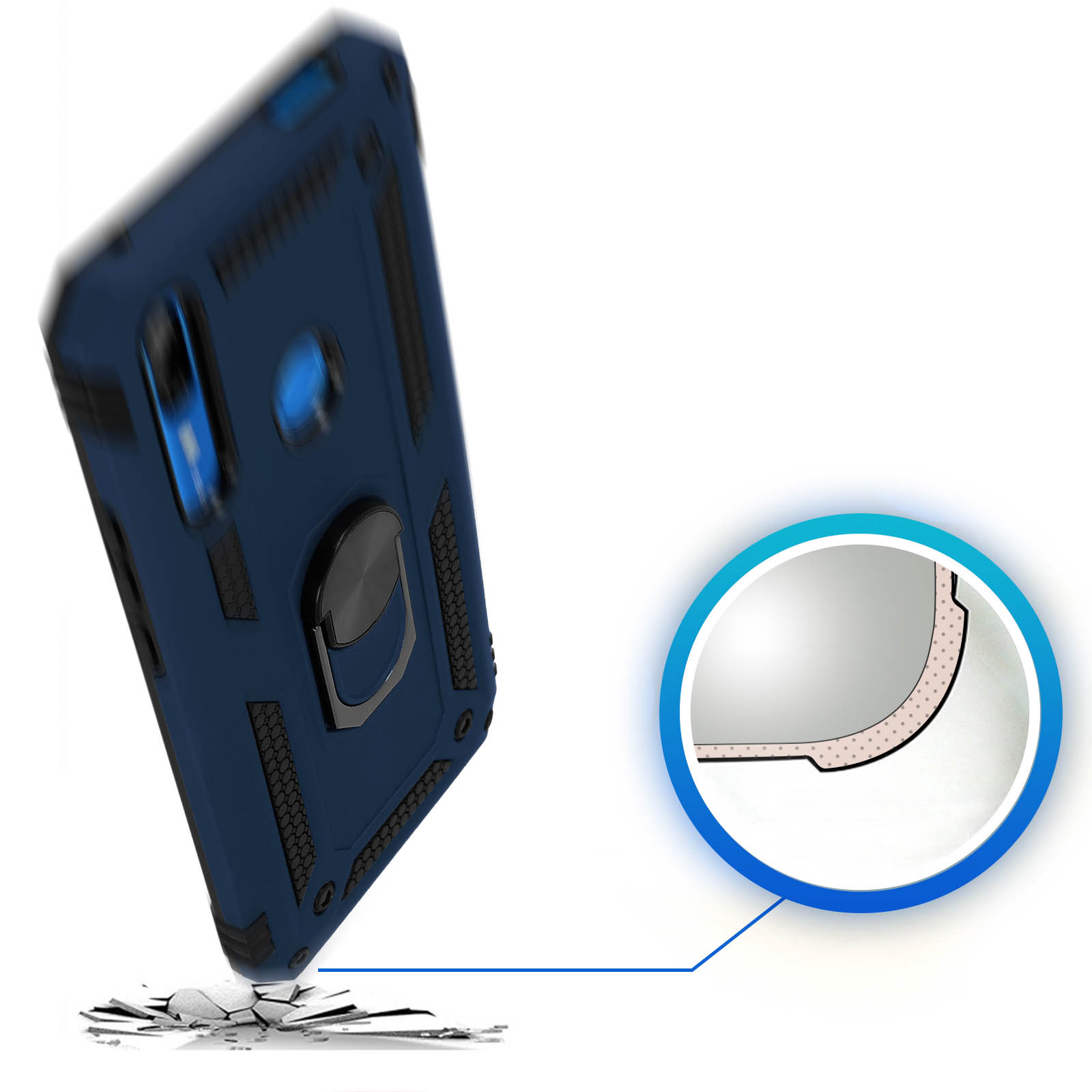 Blauwe telefoonhoes met ringhouder. Hoes valt, met details van gebarsten grond.