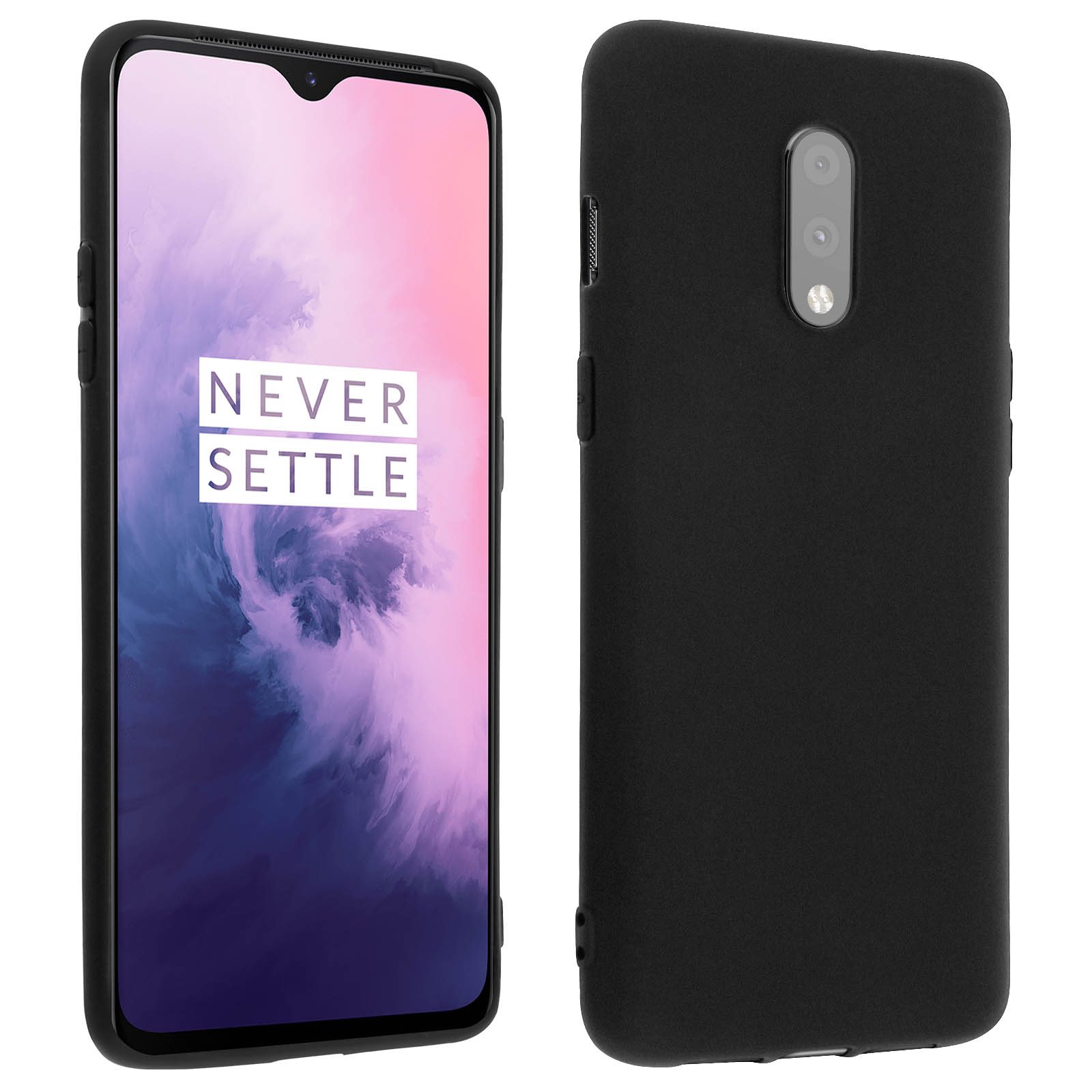 Un telefono nero è accanto a una custodia nera. Il telefono mostra 'NEVER SETTLE' su uno sfondo nuvoloso.