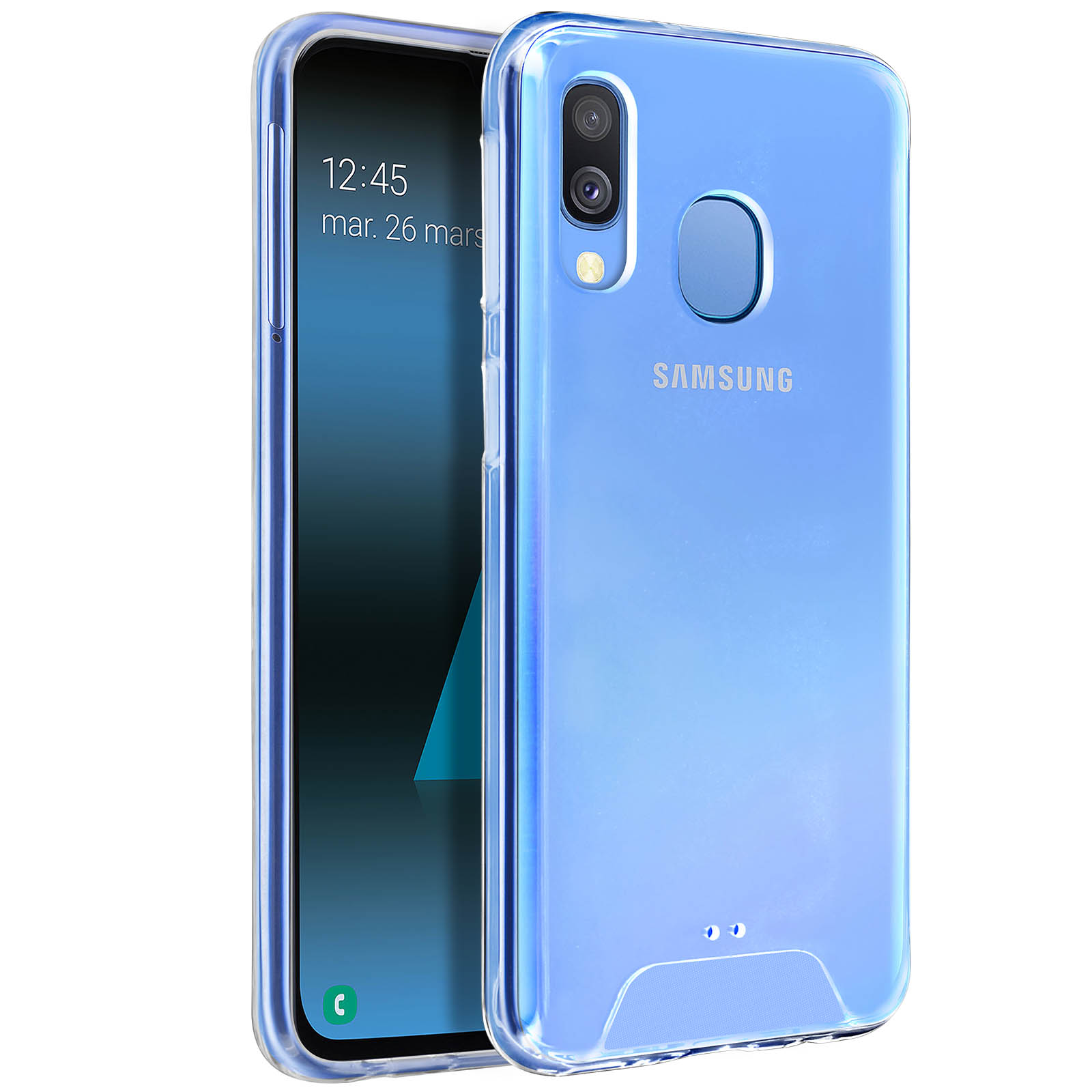 Telefono in una custodia trasparente. Il telefono è blu con un logo Samsung. Custodia trasparente. Sfondo bianco.
