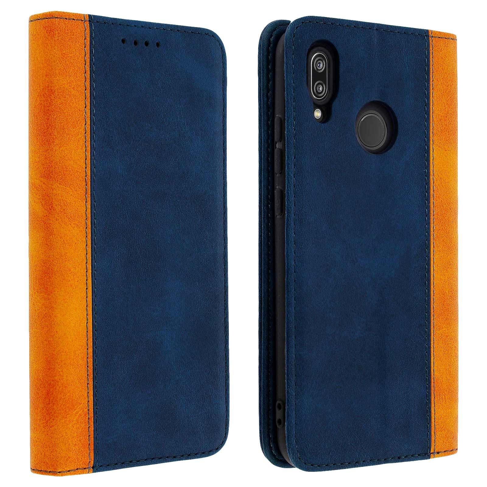Custodia blu e arancione, con telefono all'interno e fori fotocamera.