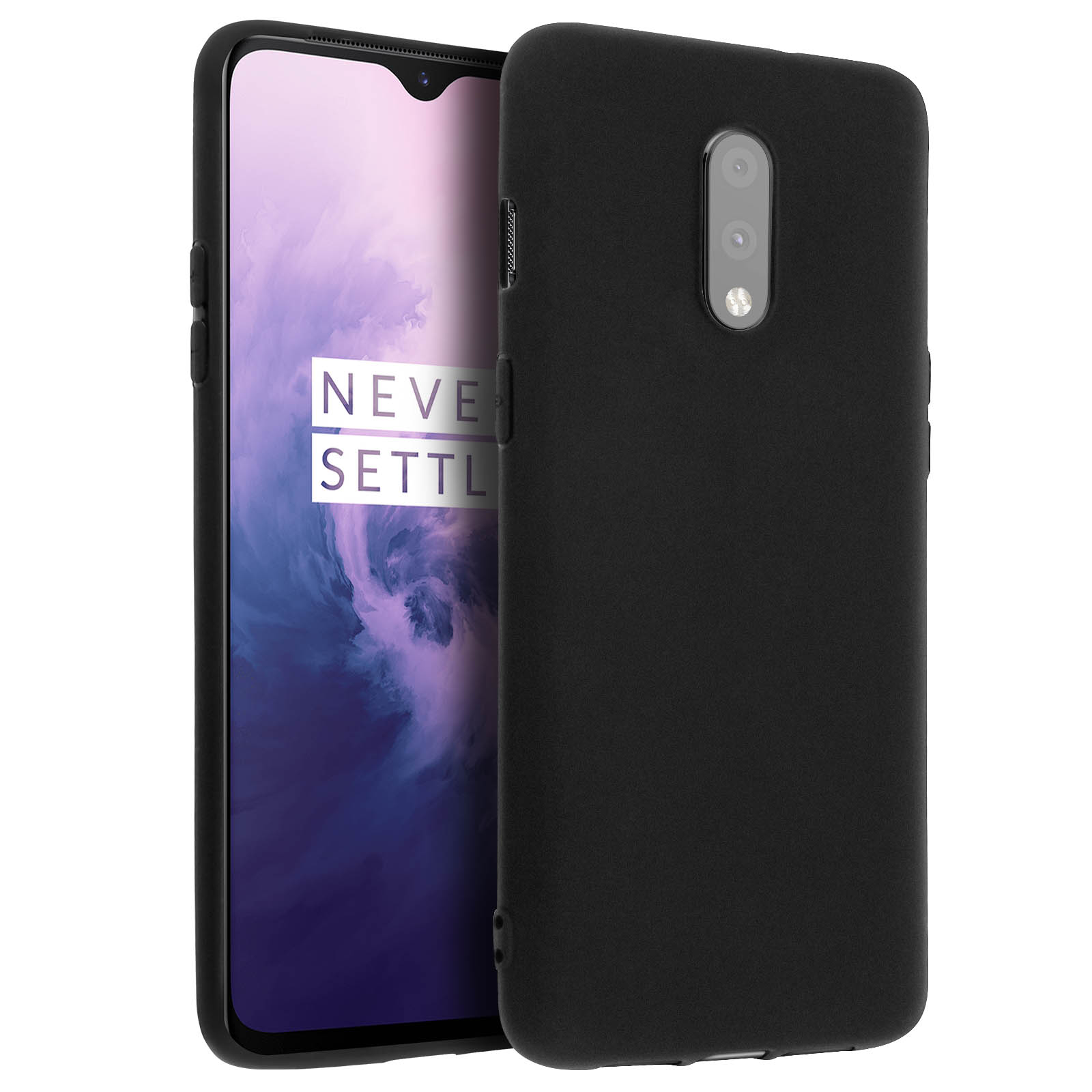 Telefono nero con custodia nera. Lo schermo mostra uno sfondo viola e bianco.