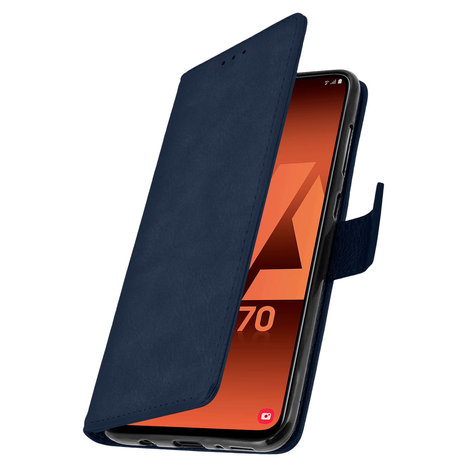 Étui de téléphone bleu avec un téléphone à l'intérieur sur fond blanc.