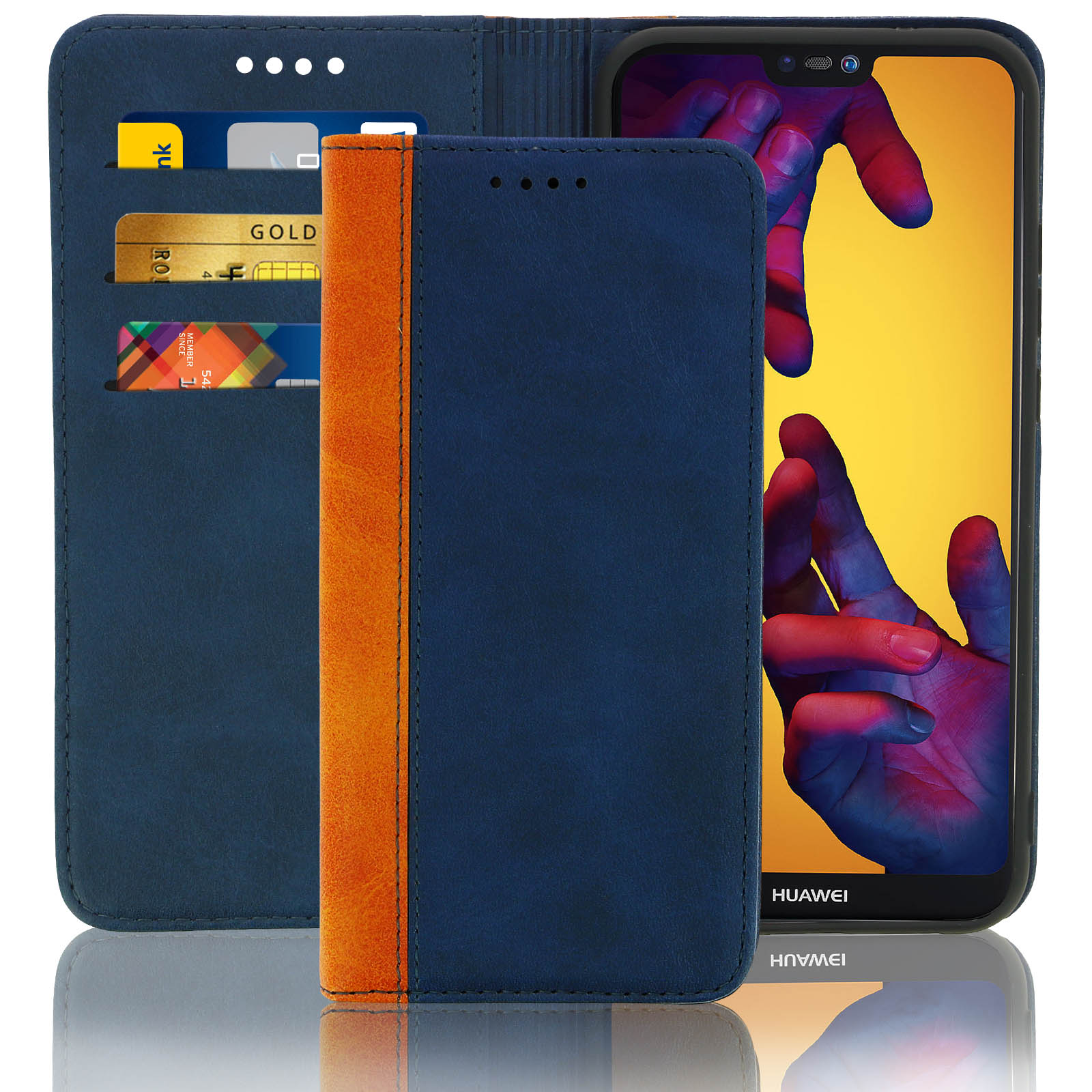 Custodia blu per telefono con telefono dentro. La custodia è blu con una striscia arancione. Fessure per carte.
