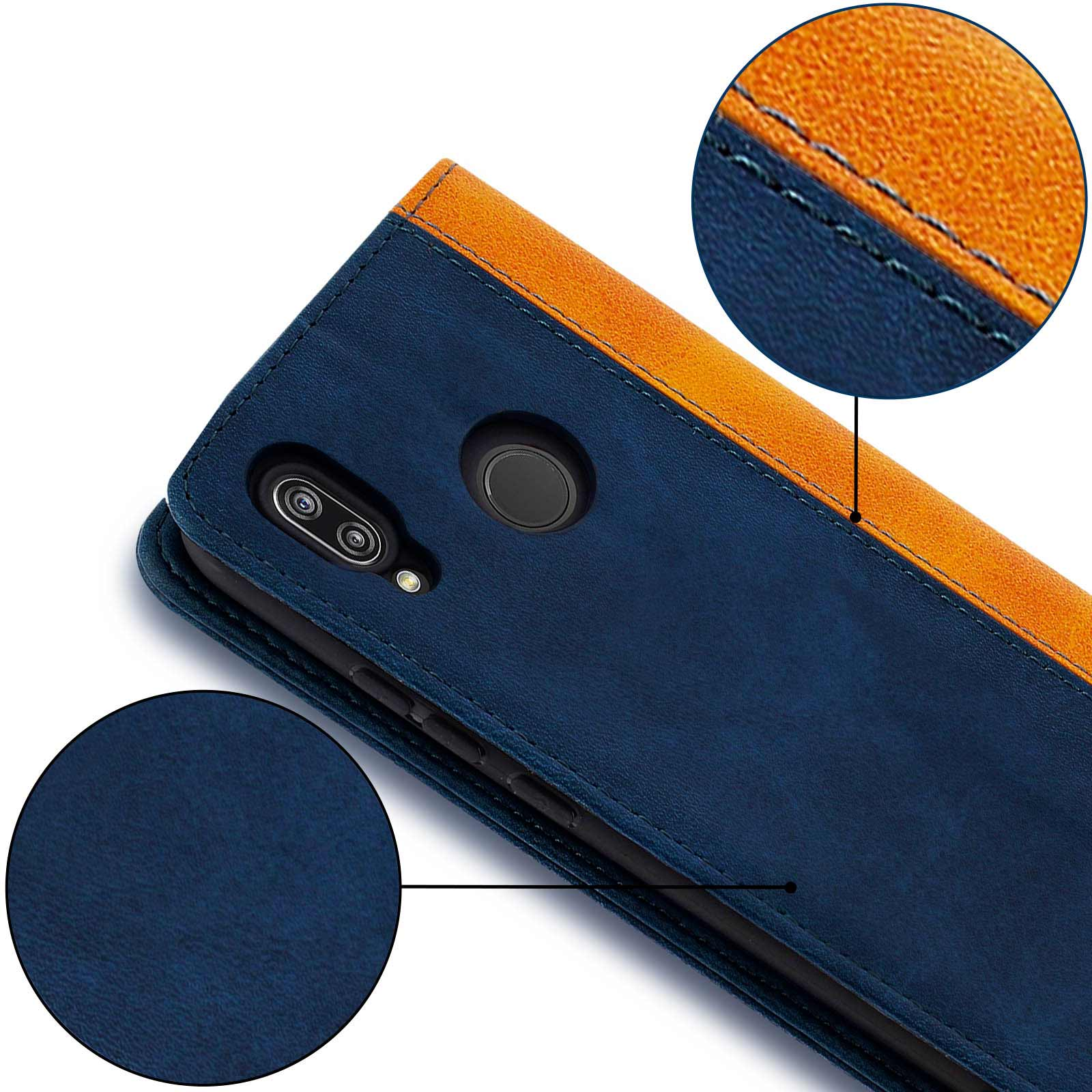 Custodia per telefono, blu scuro e arancione. La custodia è aperta. Primo piano dell'area della fotocamera.