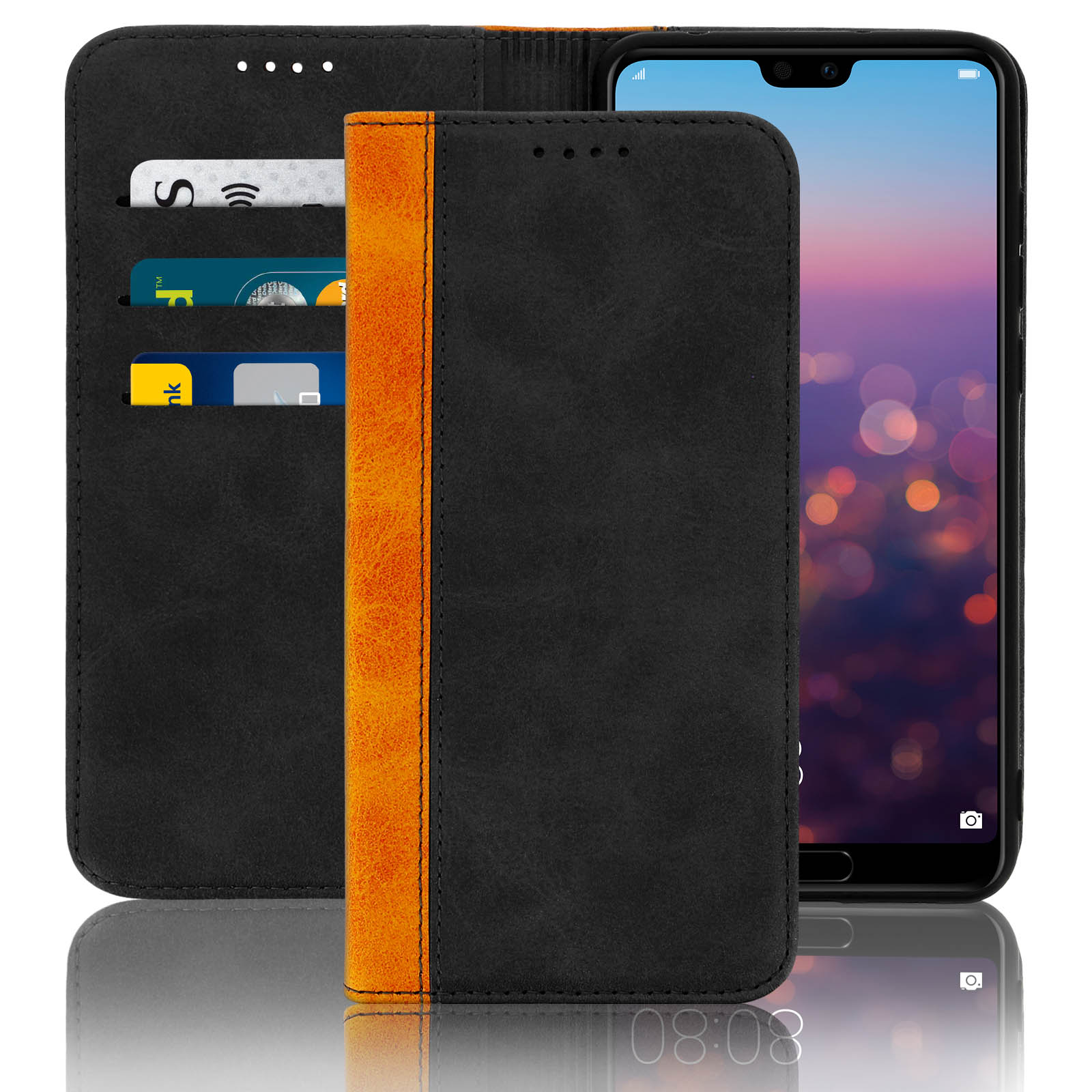 Custodia per telefono nera con striscia arancione. Telefono a destra. Carte nella custodia.