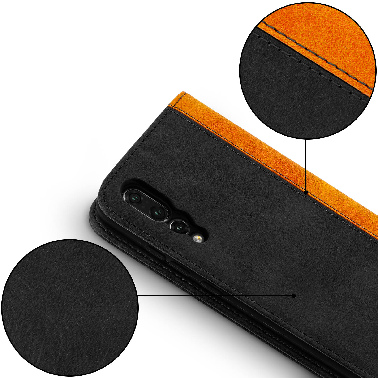 Custodia per telefono nera con dettagli arancioni. Dettagli ravvicinati della trama e delle cuciture.