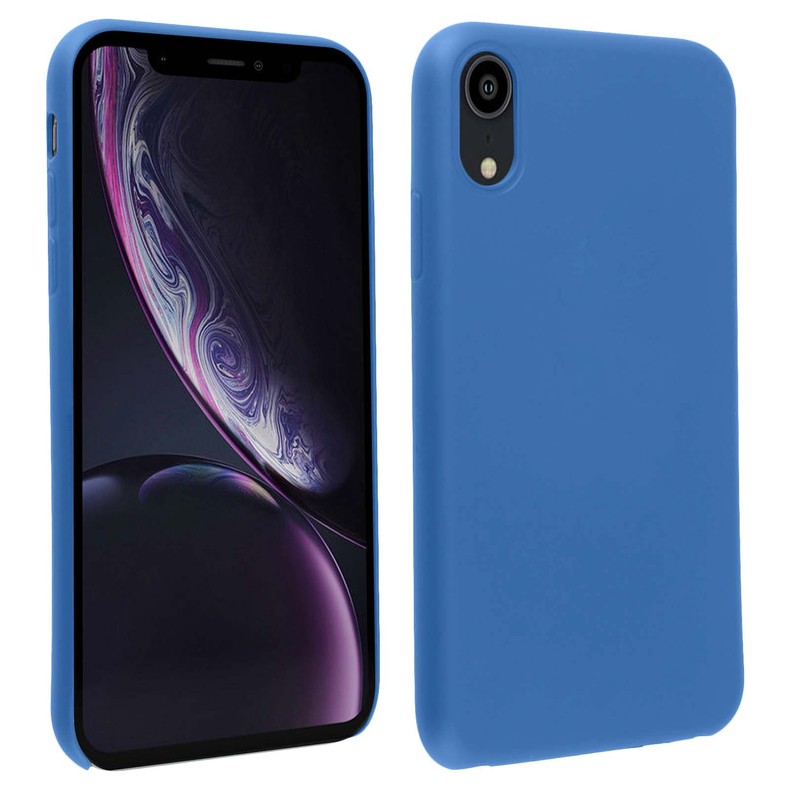 Een blauwe telefoon links. Een blauwe telefoonhoes rechts.