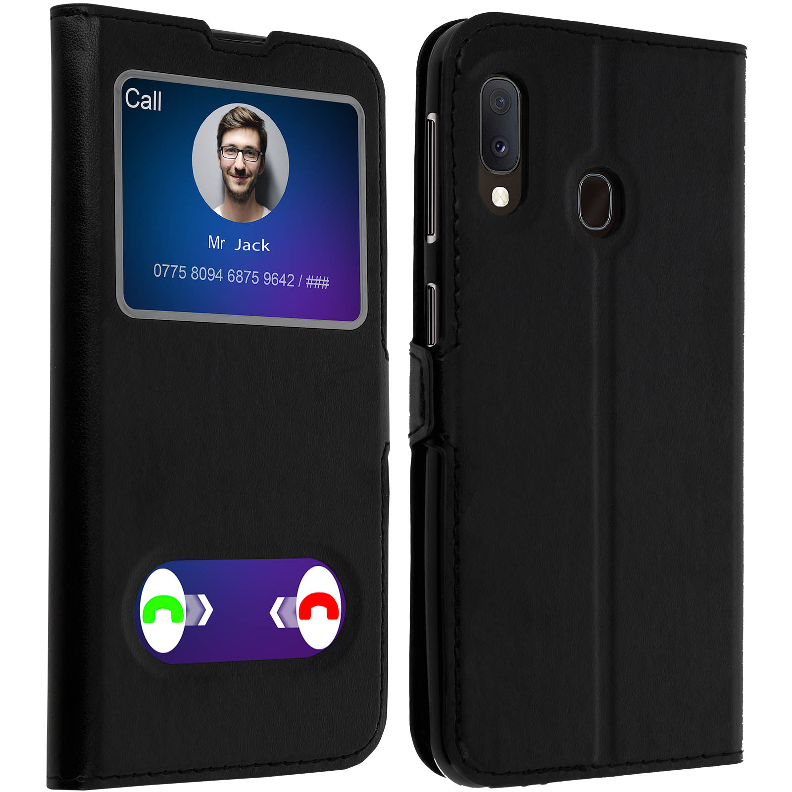 Custodia nera per telefono con finestra che mostra una chiamata e informazioni.