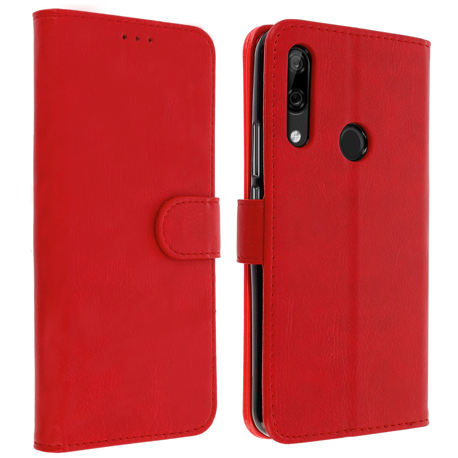 Étui de téléphone rouge de style portefeuille, fermé.