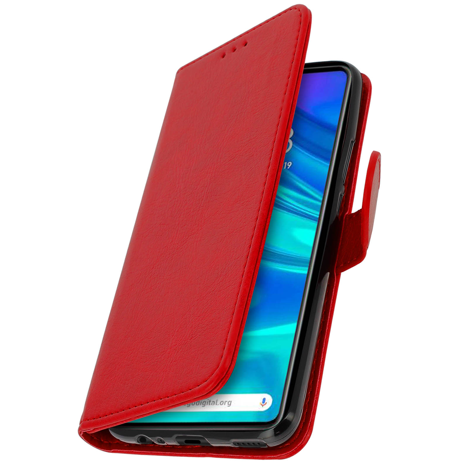 Coque de téléphone rouge avec un écran affichant un site web, ouverte sur une surface blanche.