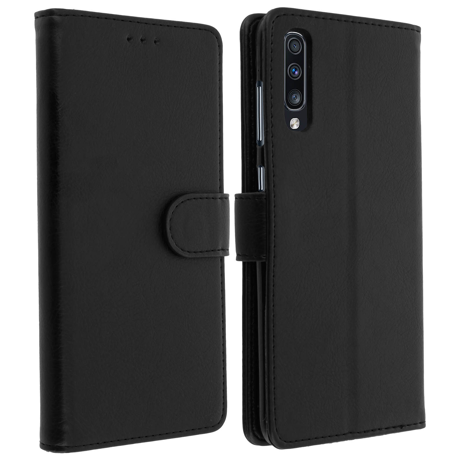 Étui de téléphone noir ouvert, montrant un téléphone à l'intérieur et une fermeture à bouton.