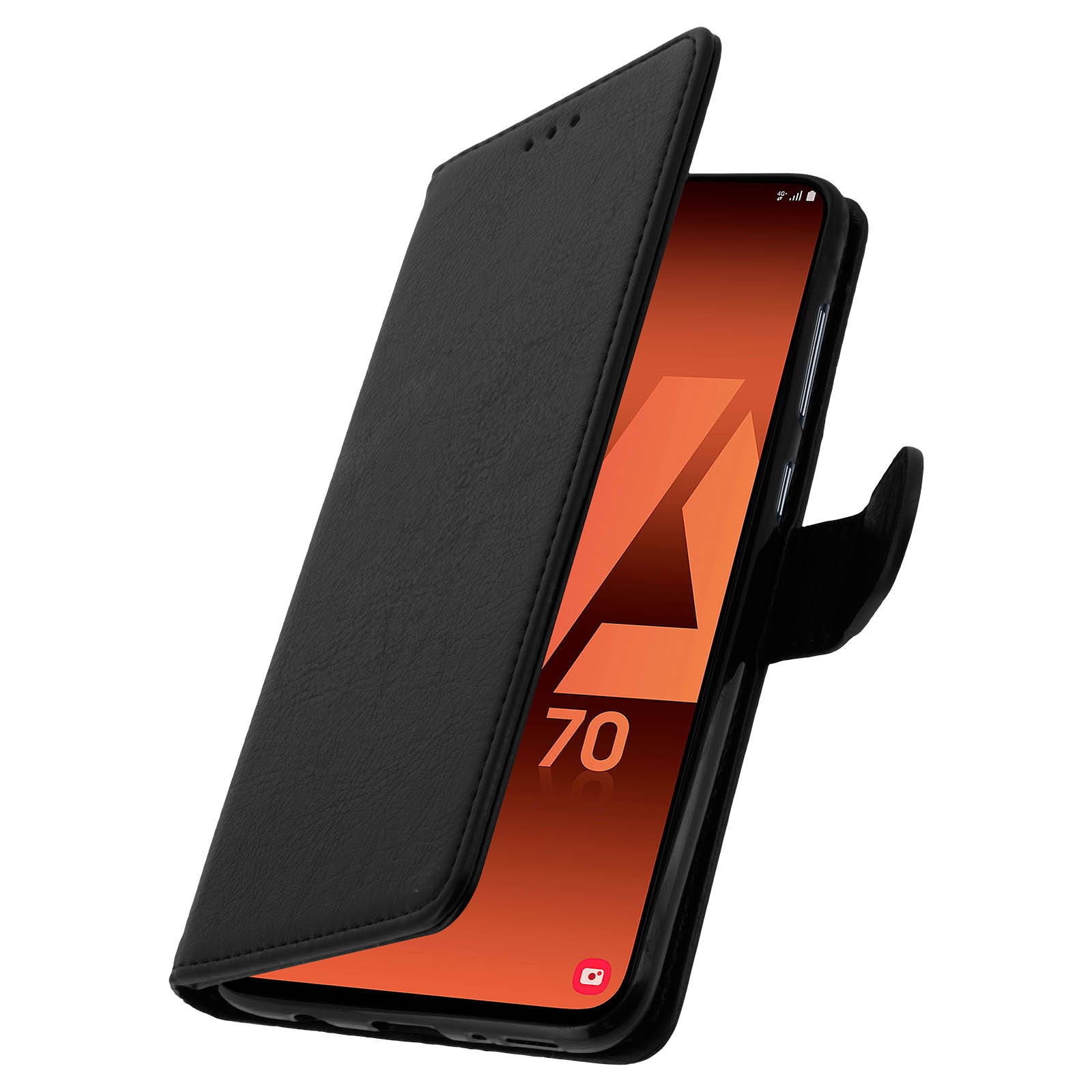 Coque de téléphone noire, ouverte, montrant l'écran. Téléphone sur fond blanc.