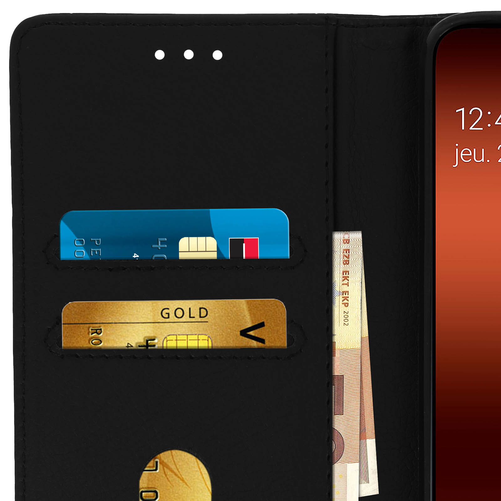 Étui de téléphone noir avec cartes de crédit, espèces et un téléphone avec affichage 21:19.