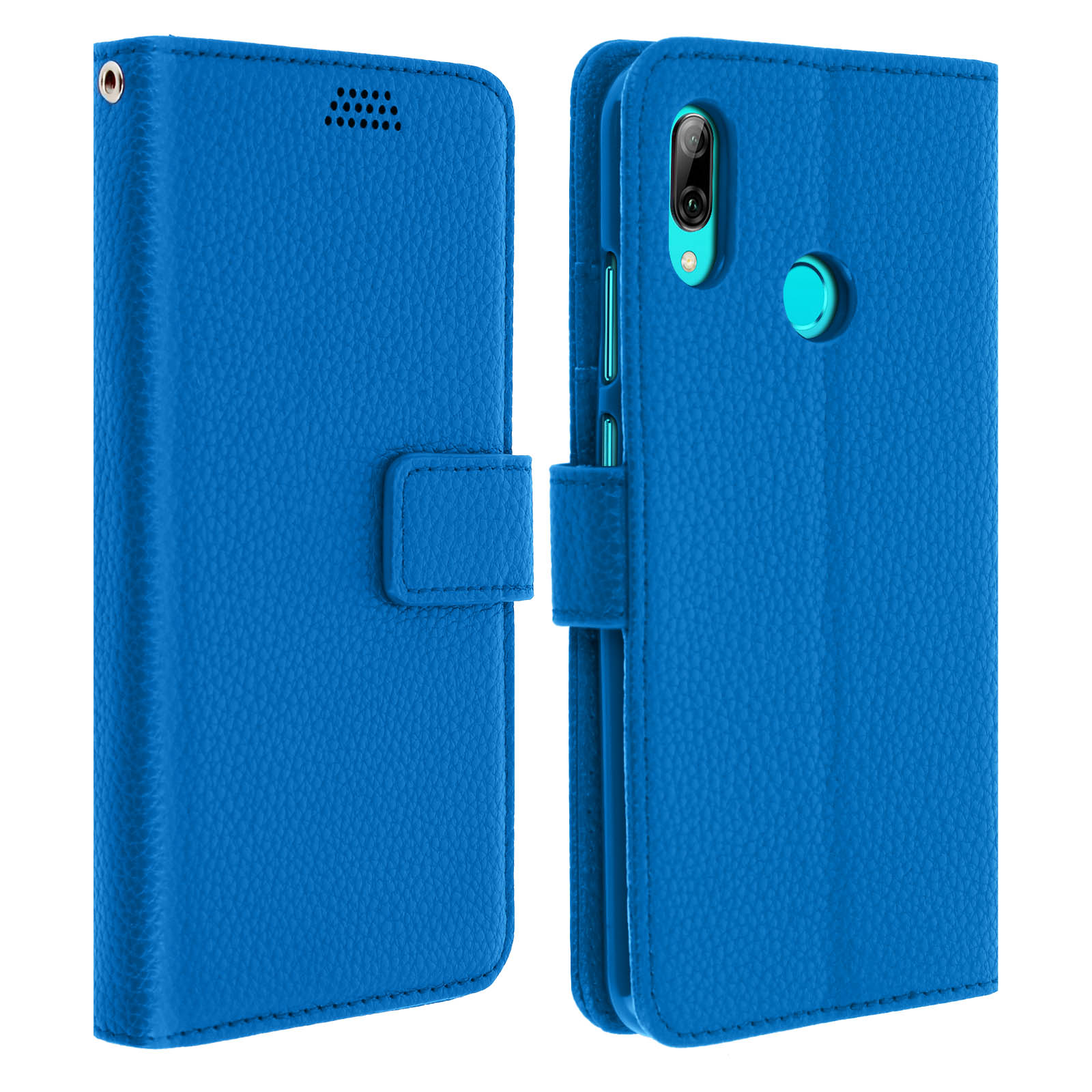 Coque de téléphone en cuir bleu, ouverte. Montre le téléphone et un rabat.