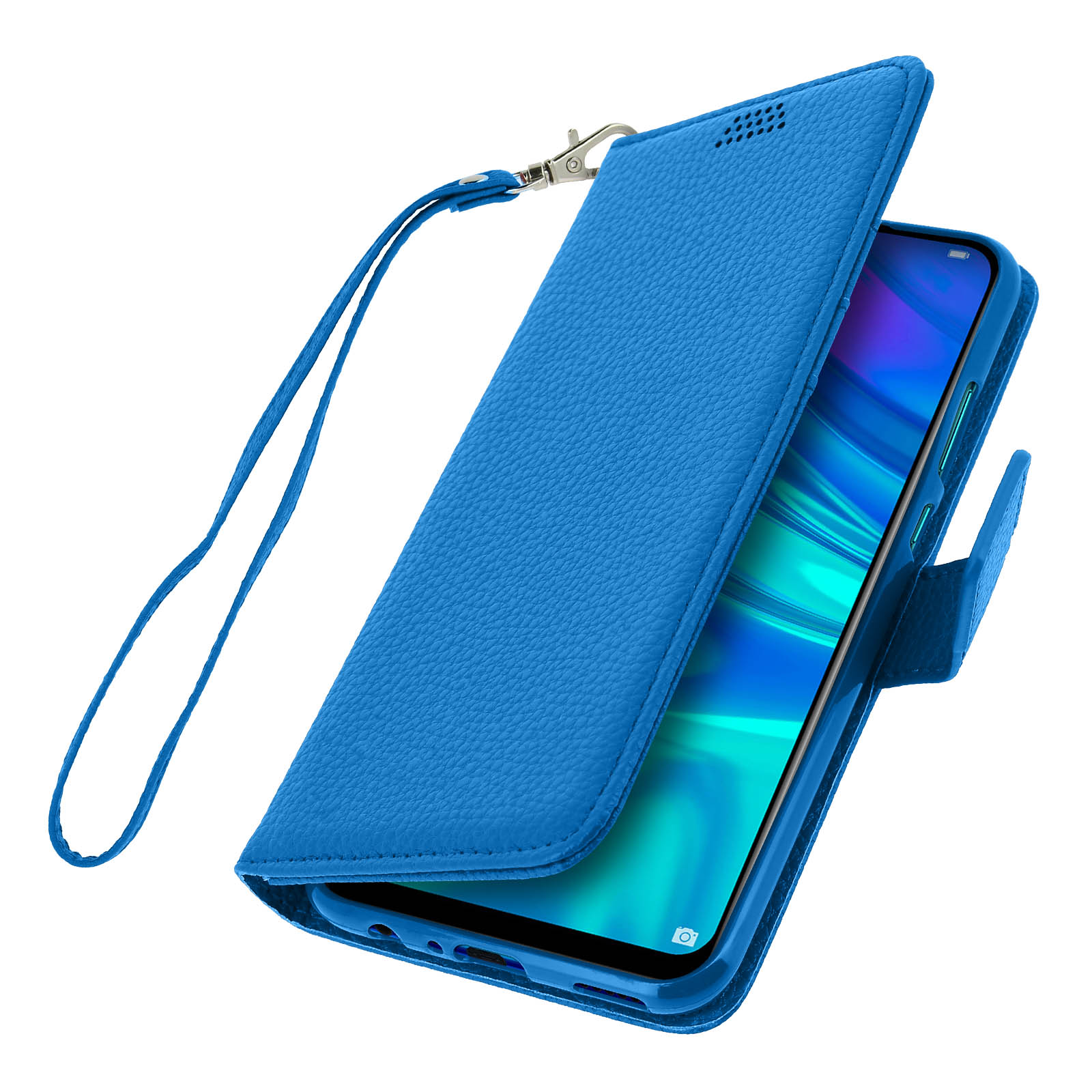 Étui de téléphone bleu ouvert avec un téléphone à l'intérieur. Un cordon bleu est attaché à l'étui.