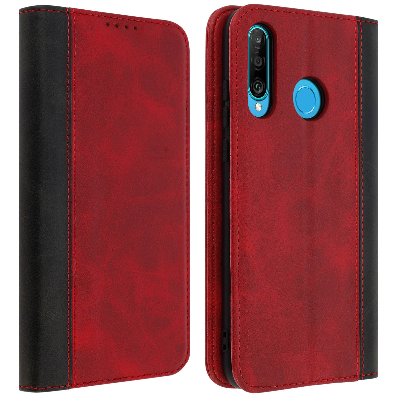 Custodia per telefono rossa e nera, aperta. Telefono all'interno.