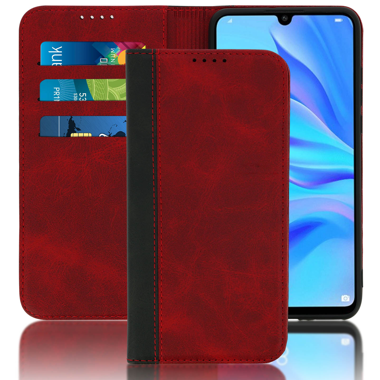 Custodia rossa per telefono aperta con telefono dentro. Carte negli slot.
