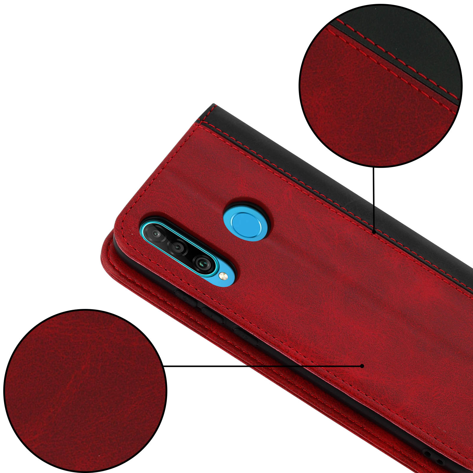 Un primo piano mostra una custodia per telefono rossa e nera con cuciture e un obiettivo blu.