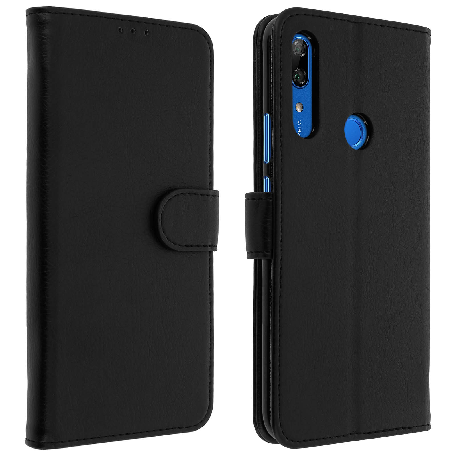 Étui de téléphone en cuir noir en positions ouverte et fermée.