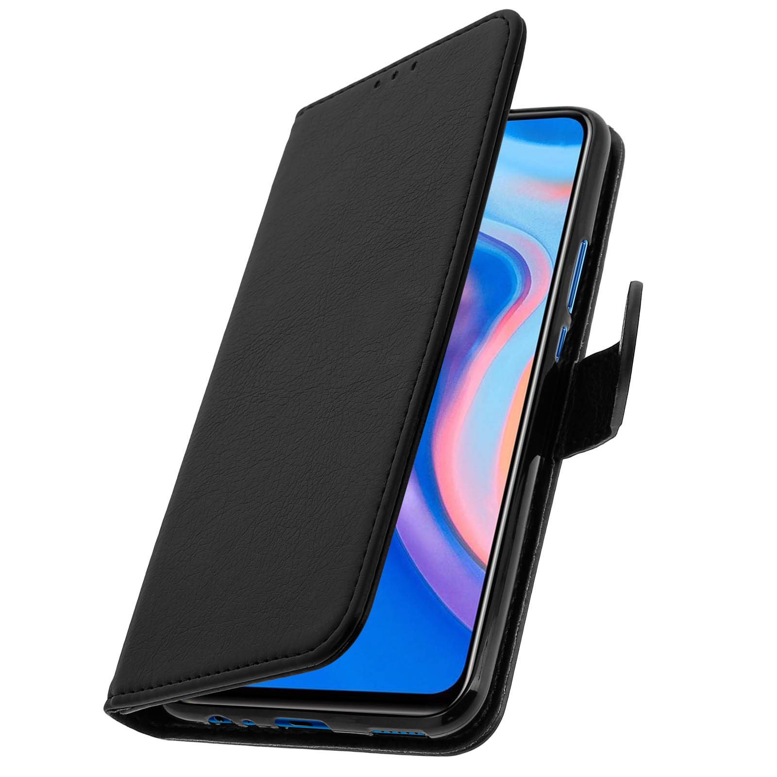 Étui de téléphone noir, ouvert, révélant un téléphone. L'étui a un rabat.