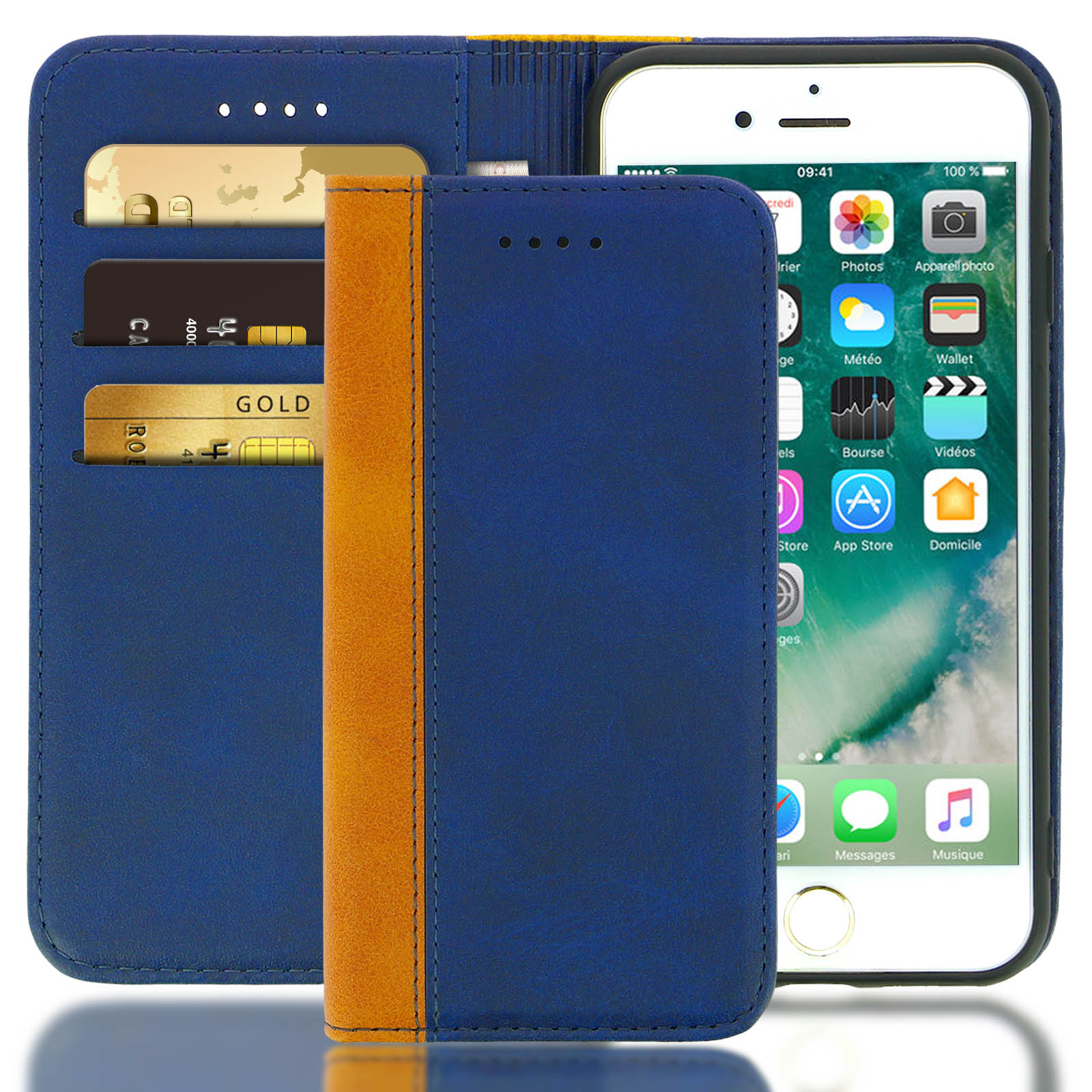 Custodia per telefono aperta con un telefono all'interno, che mostra uno schermo. Due carte e una striscia dorata sono visibili.