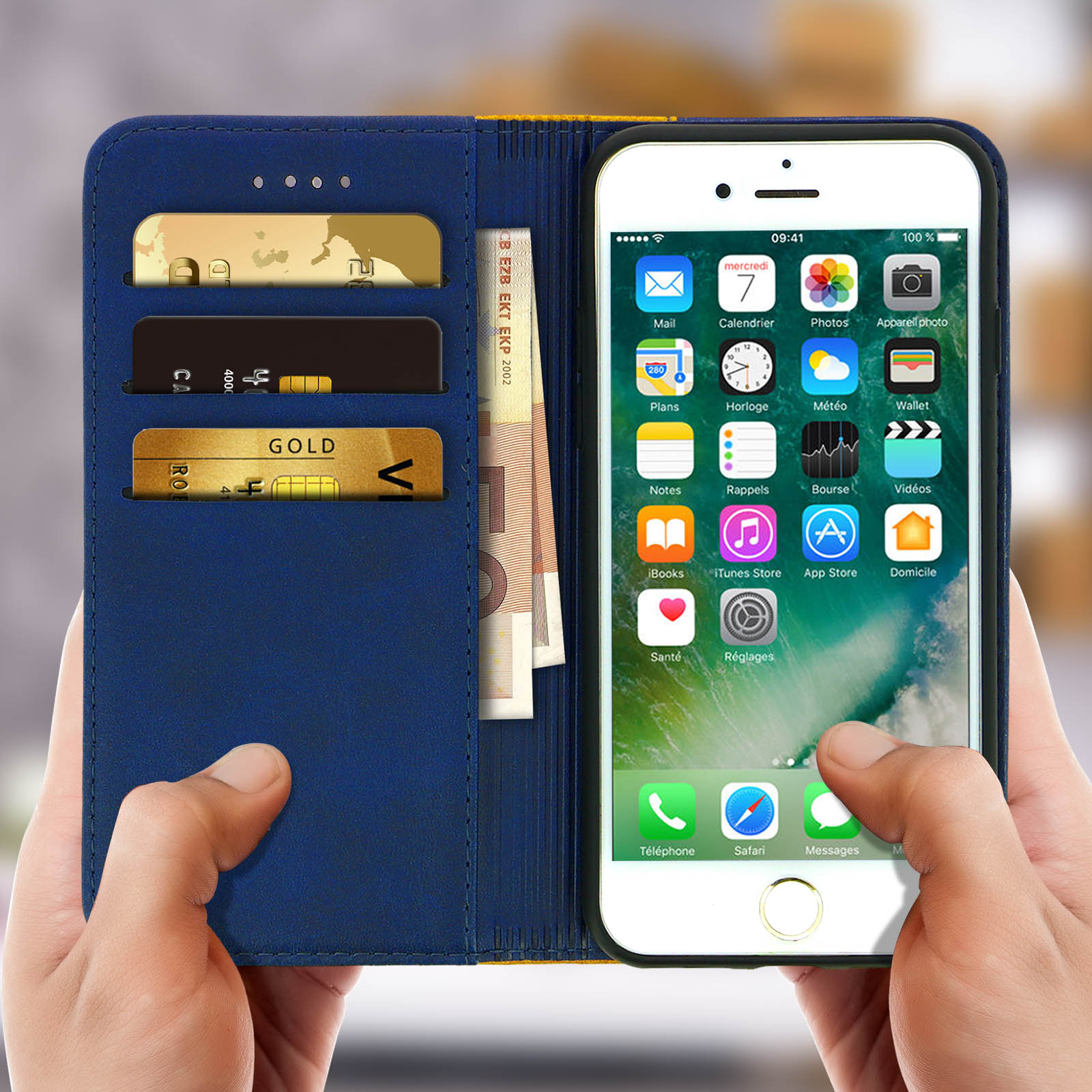 Telefono con custodia, che mostra lo schermo con icone delle app e banconote.