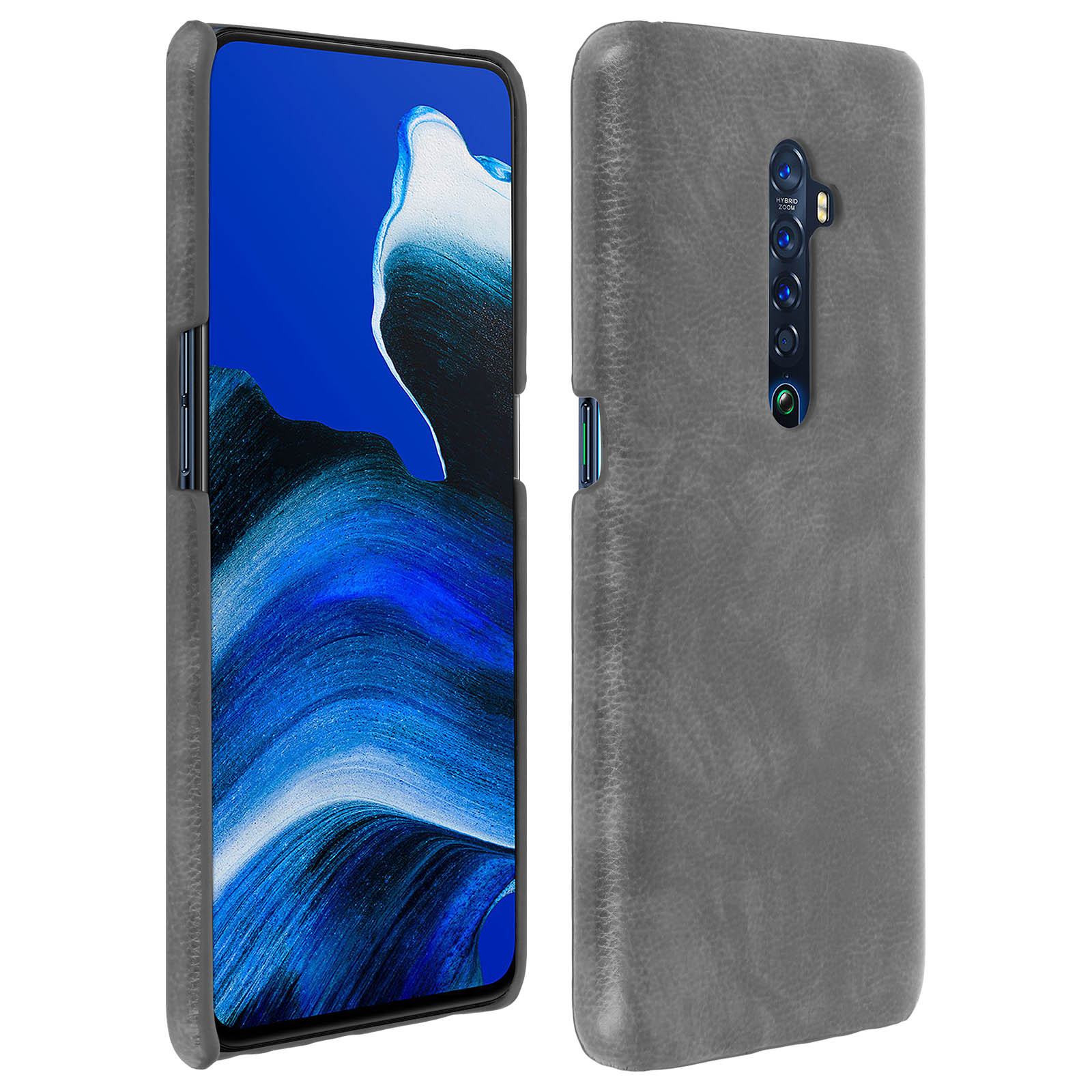 Un telefono grigio in una custodia grigia, che mostra sia la parte anteriore che quella posteriore, su sfondo bianco.