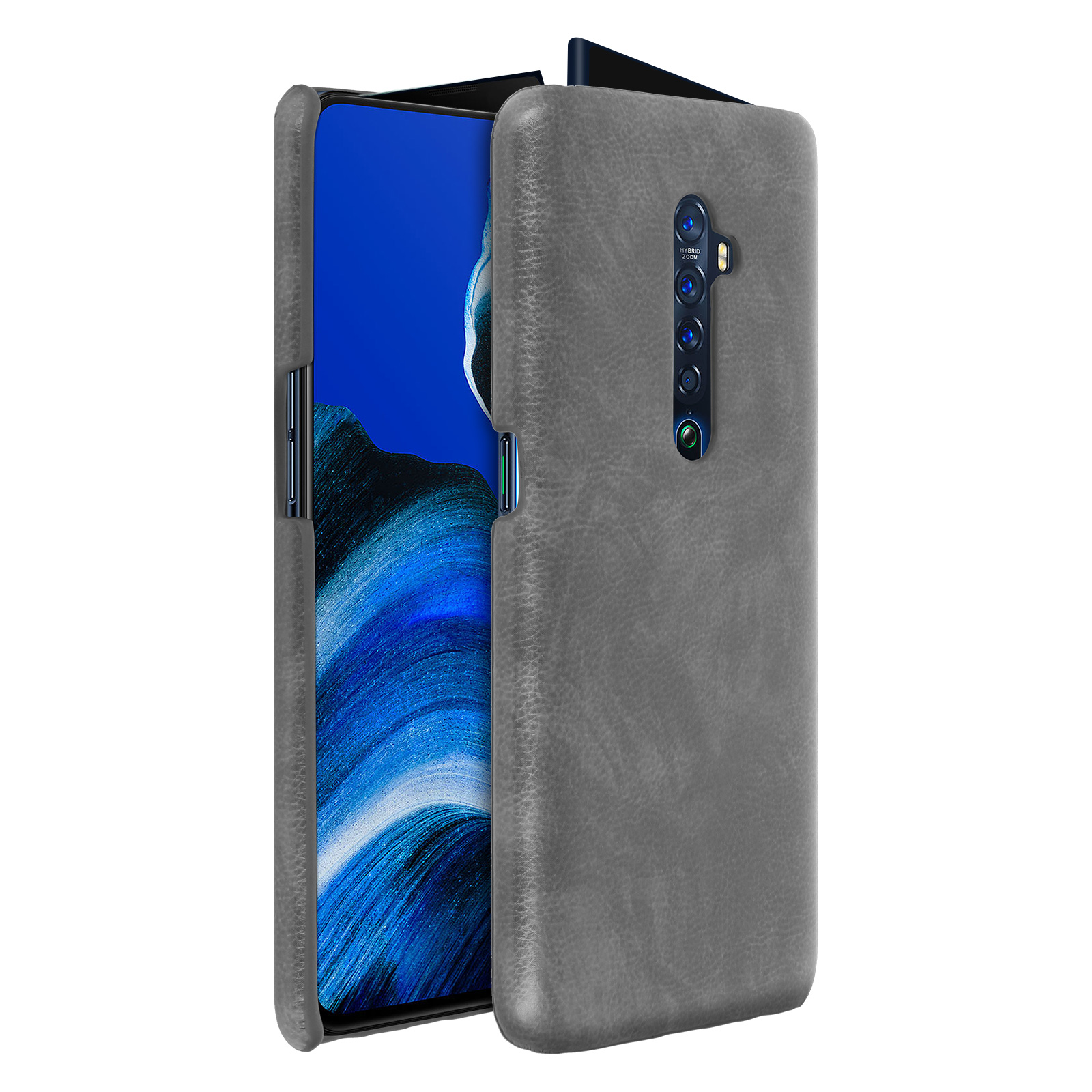 Un telefono in una custodia grigia è aperto. La custodia è su sfondo bianco. Lo schermo mostra un'immagine blu.