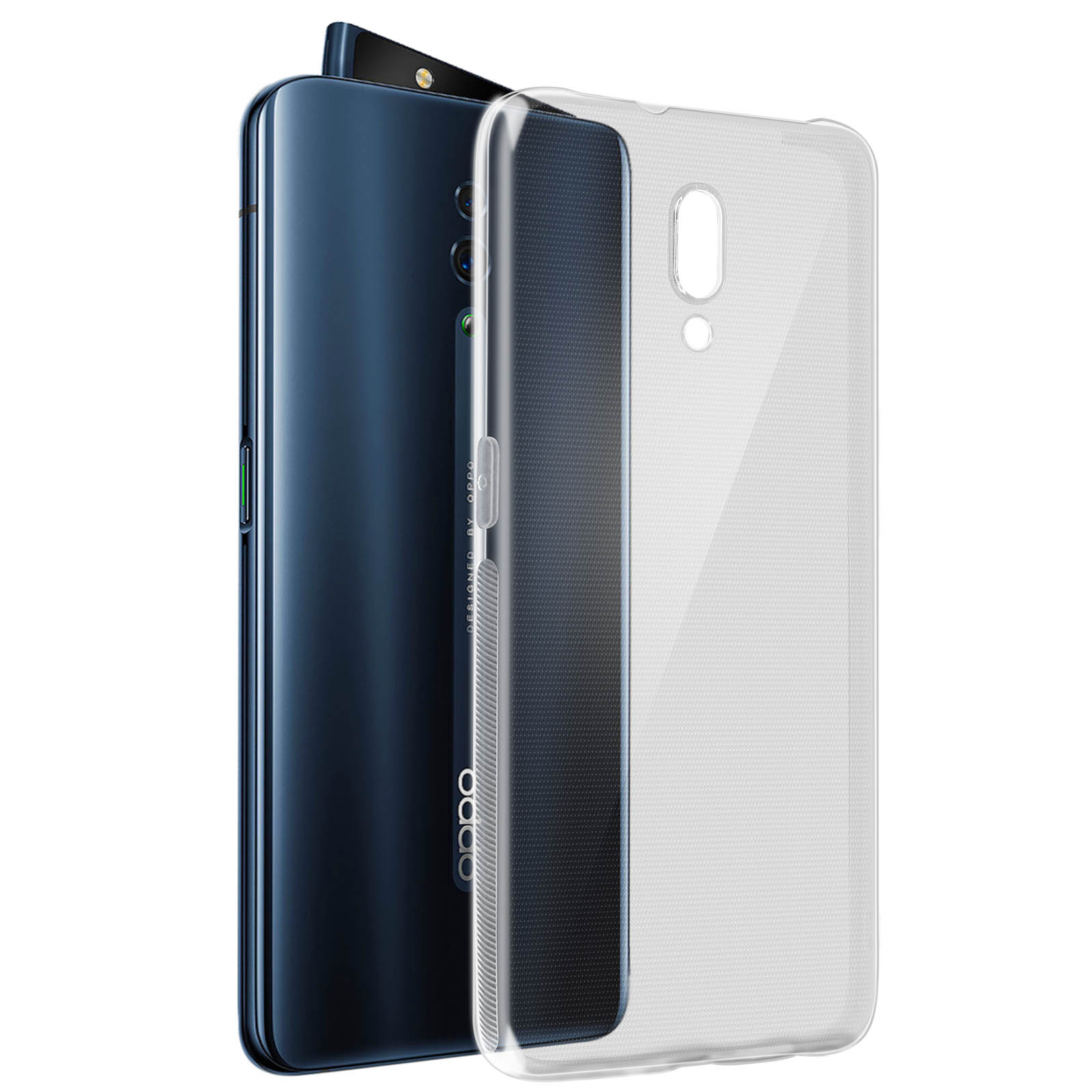 Transparente Handyhülle auf einem dunkelblauen Telefon. Die Hülle ist transparent.