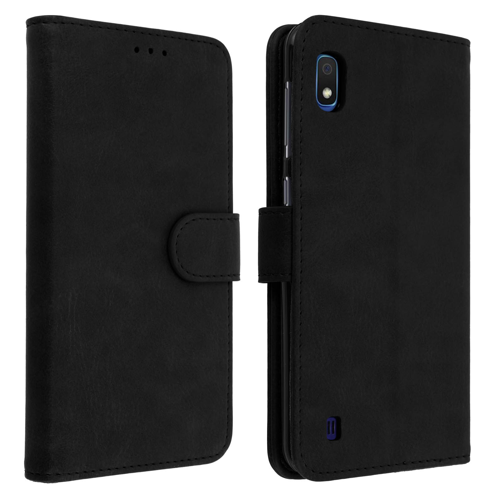 Coque de téléphone noire avec fentes pour cartes et un téléphone noir.