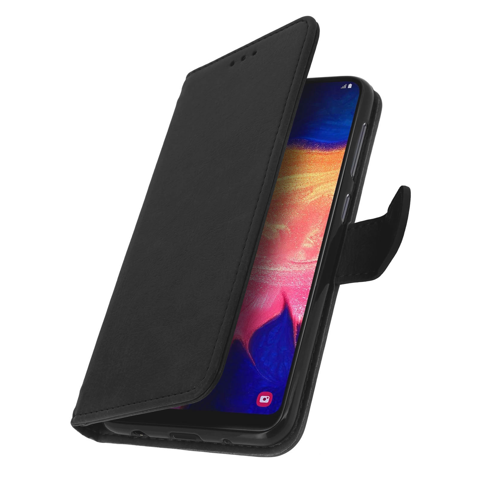 Un étui de téléphone noir ouvert, révélant un écran de téléphone. Le téléphone affiche une image colorée.