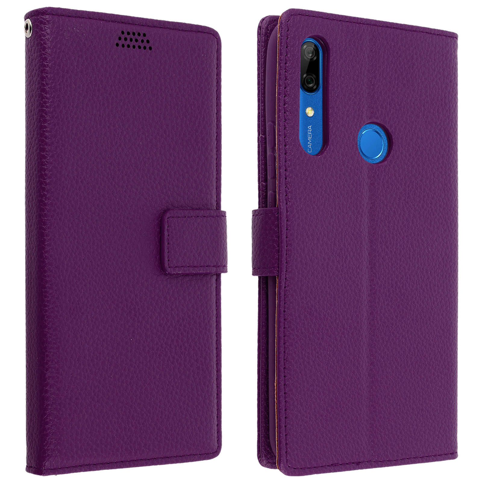 Custodia viola aperta, che mostra il telefono. Il telefono ha una fotocamera e un cerchio blu.