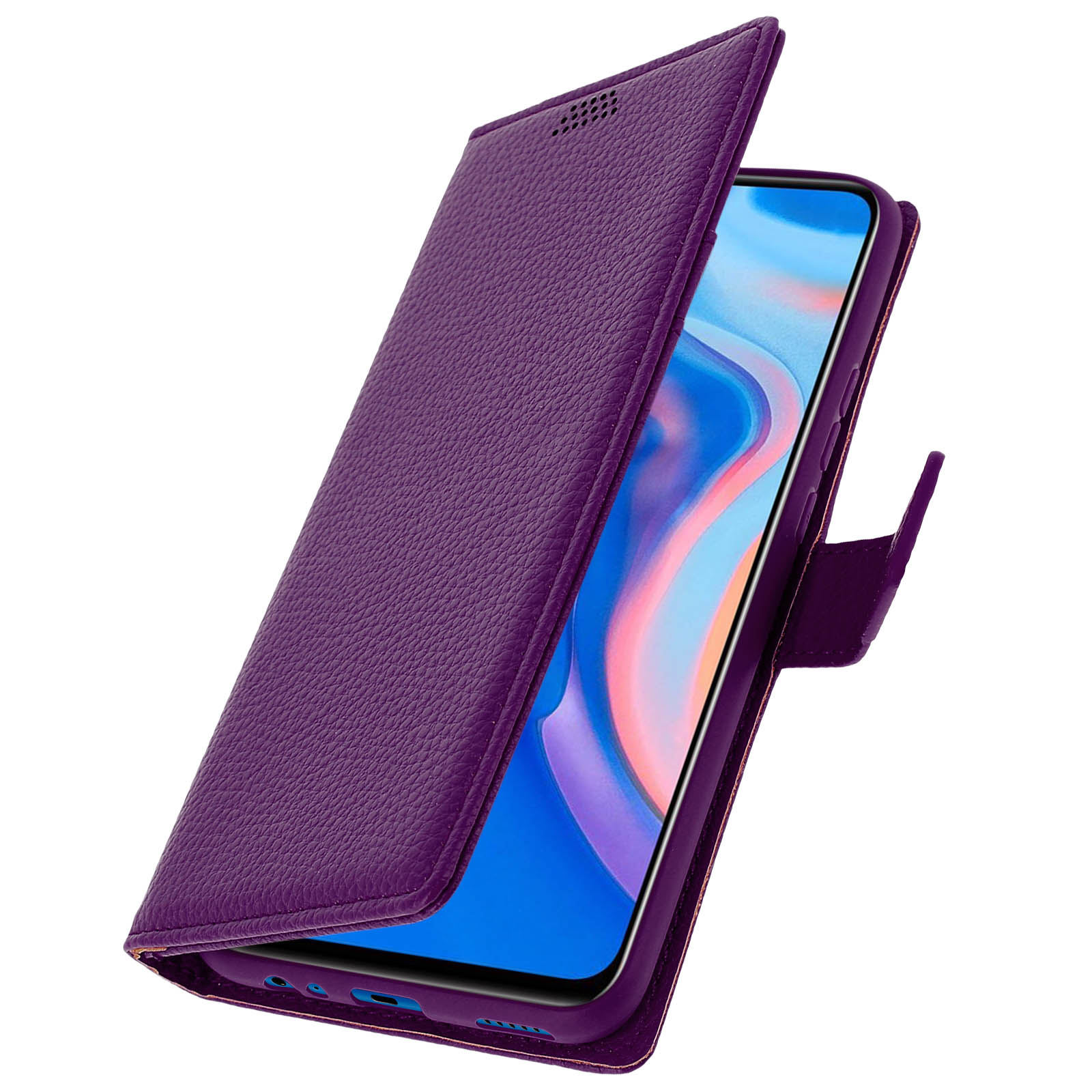 Una custodia per telefono viola, aperta, che mostra lo schermo di un telefono. La custodia è strutturata con un aspetto simile alla pelle.