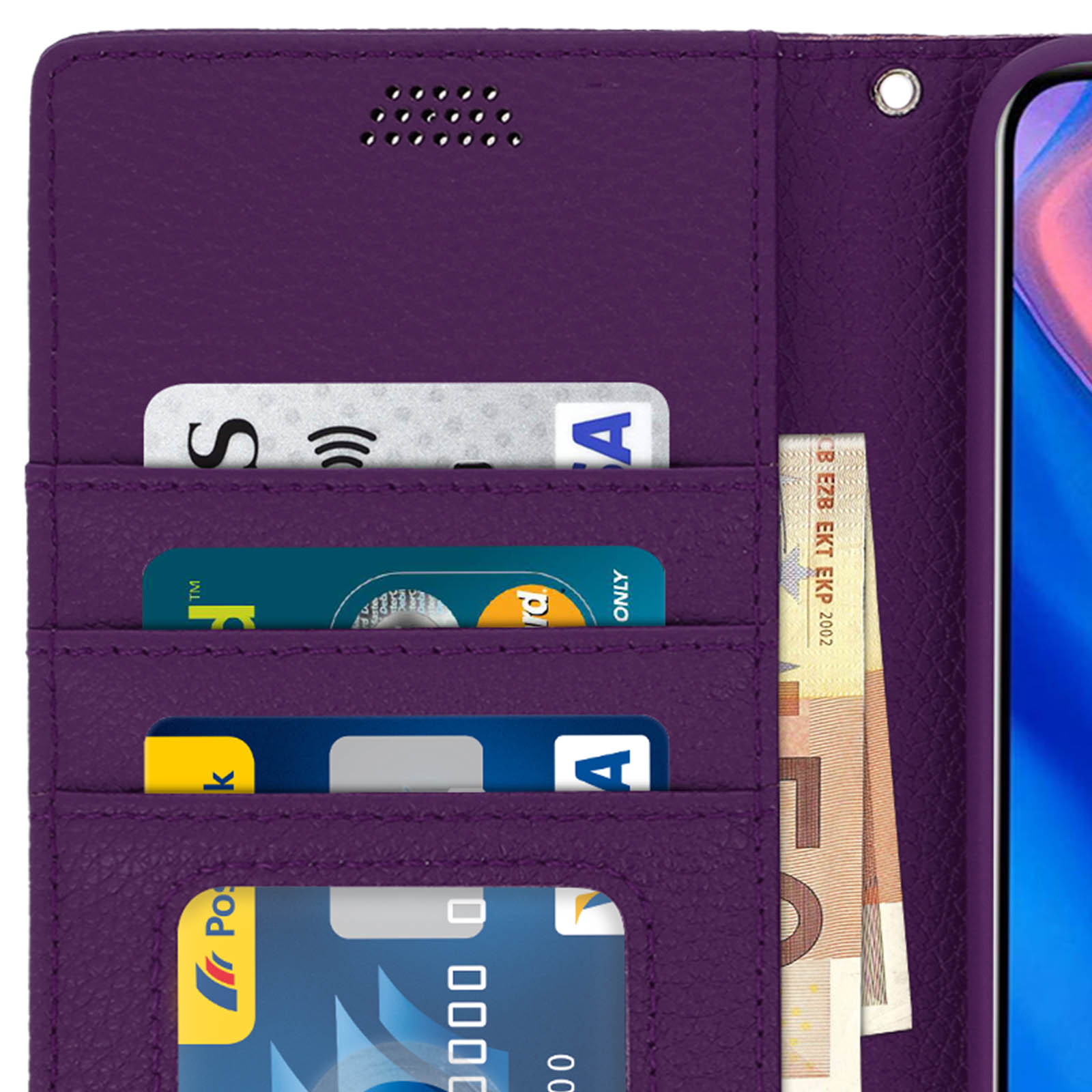 Custodia viola aperta, con carte e denaro all'interno. Lo sfondo è viola.