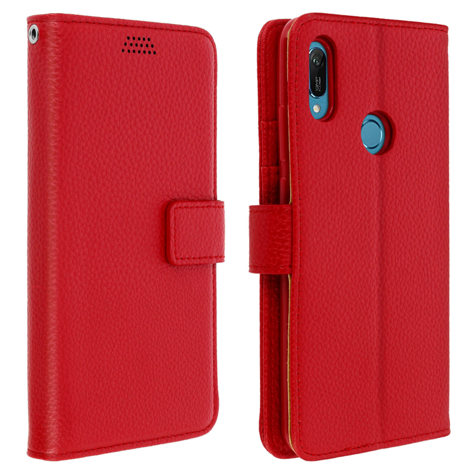 Custodia per telefono in pelle rossa, vista anteriore e posteriore, con chiusura magnetica.