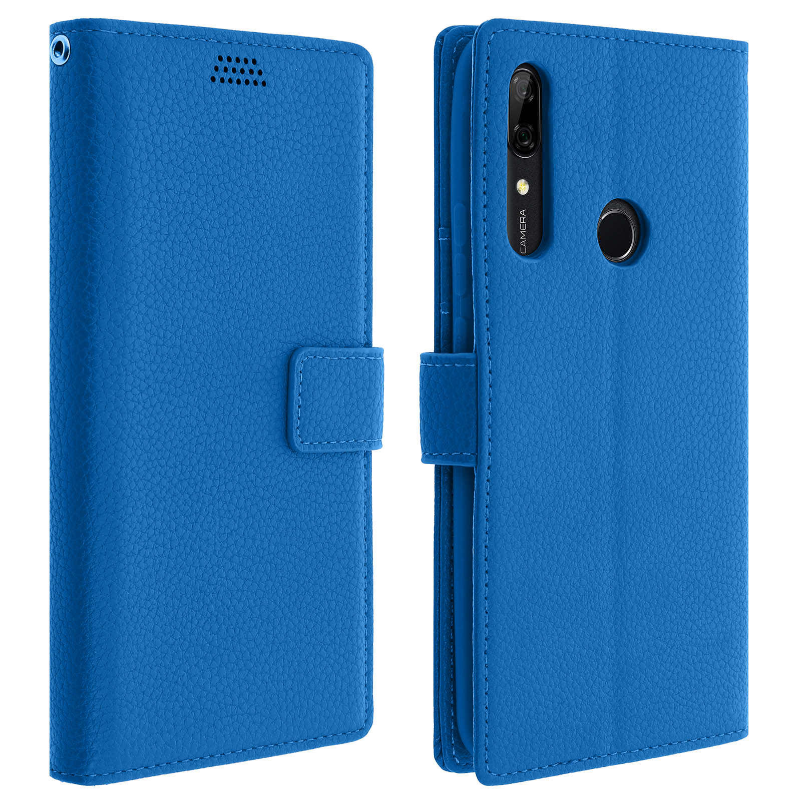 Custodia blu per telefono, chiusa e aperta. Quella aperta ha una fotocamera e un lembo.