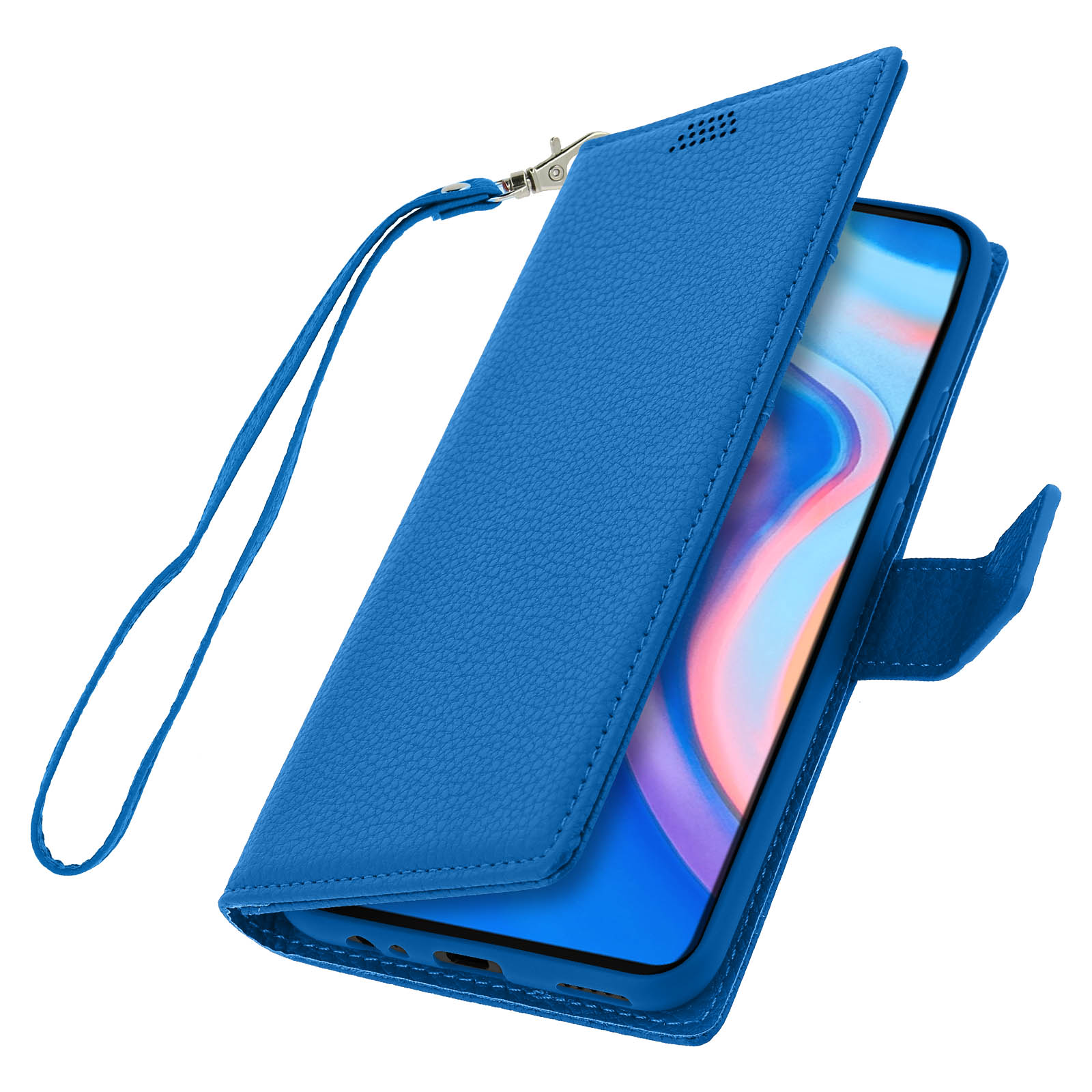 Una custodia blu per telefono aperta, che mostra un telefono con uno schermo blu.